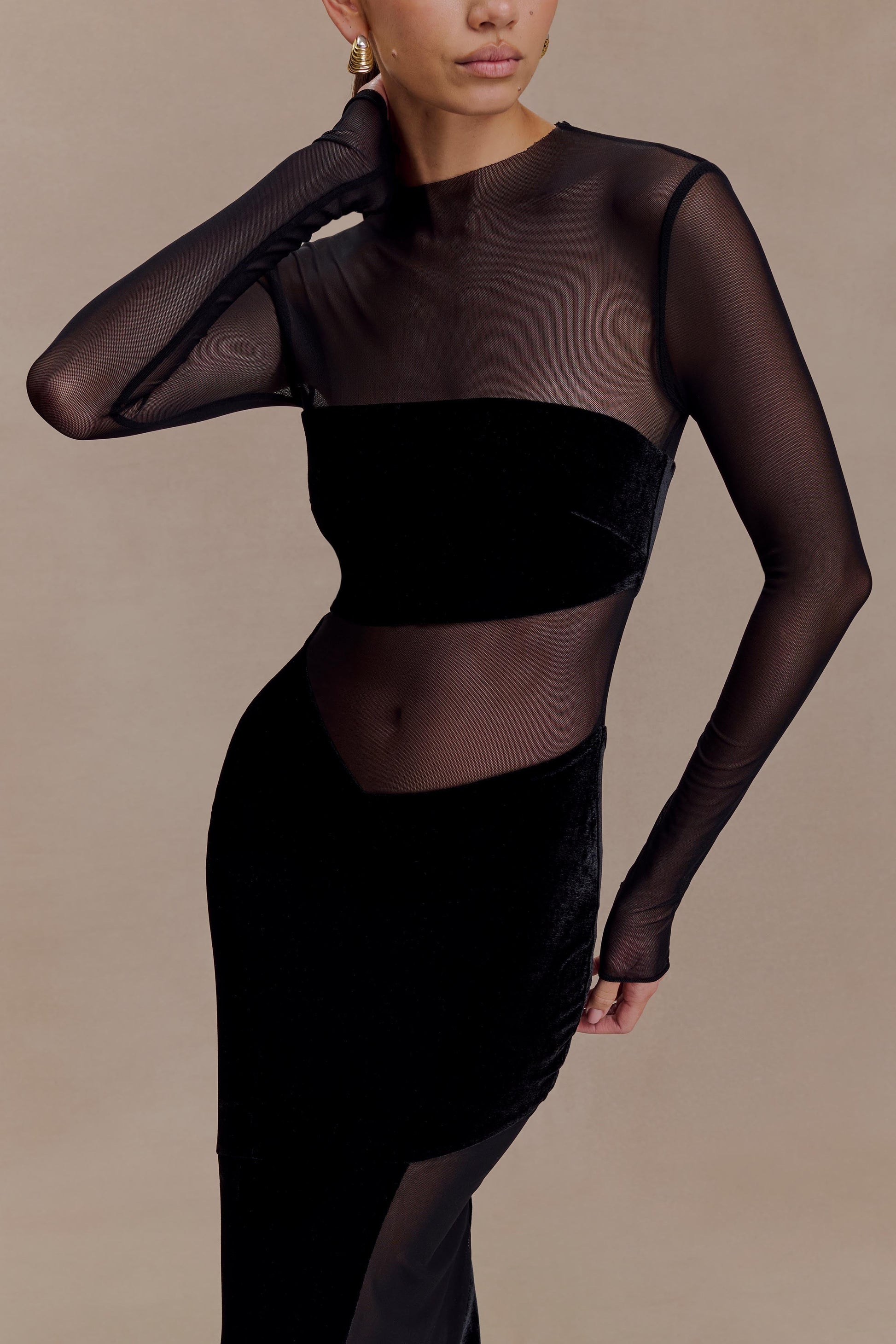 Davina Velvet And Mesh Maxi Dress / Black | MESHKI