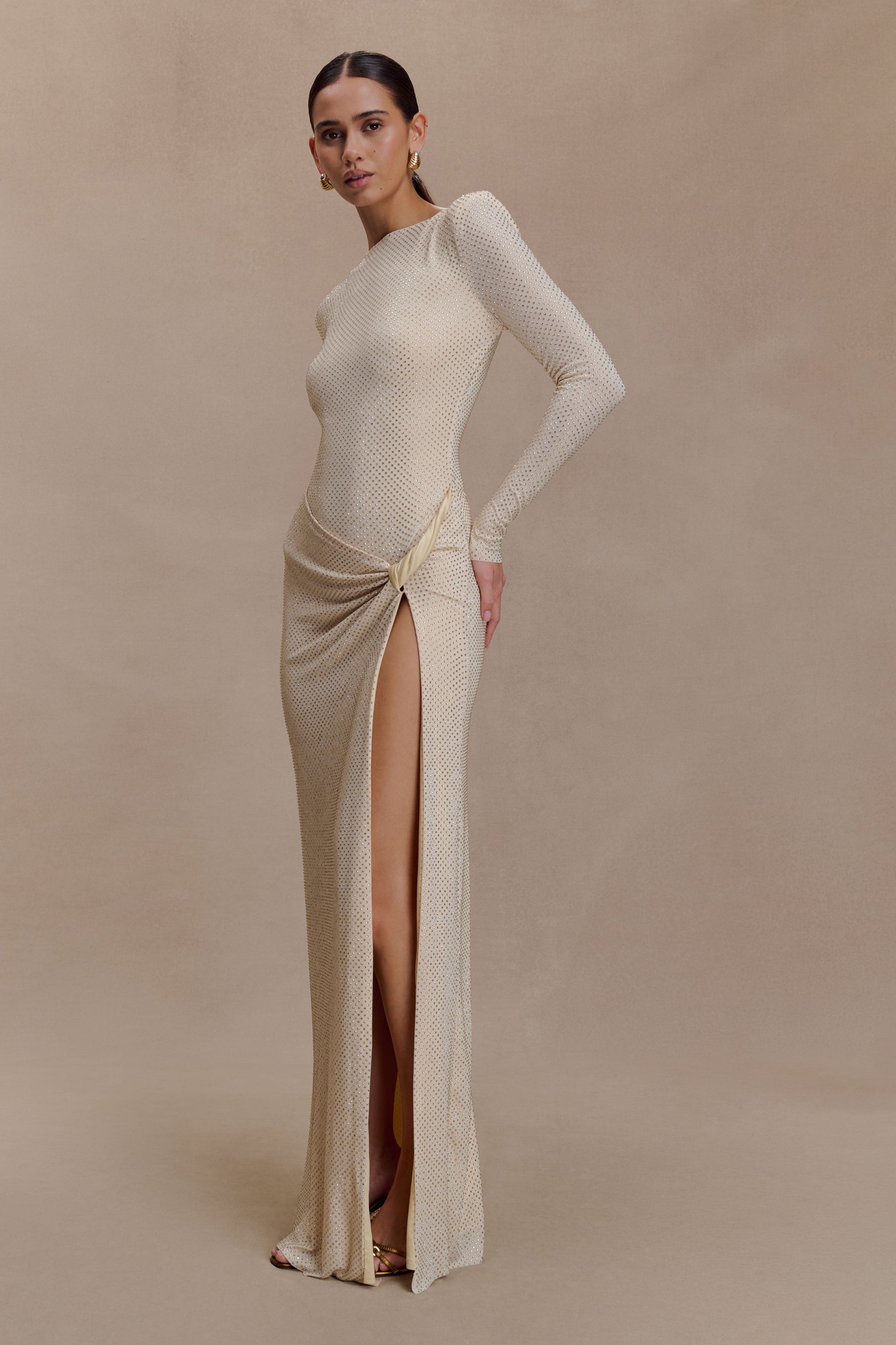 Deanna Long Sleeve Diamante Maxi Dress - Gold #7