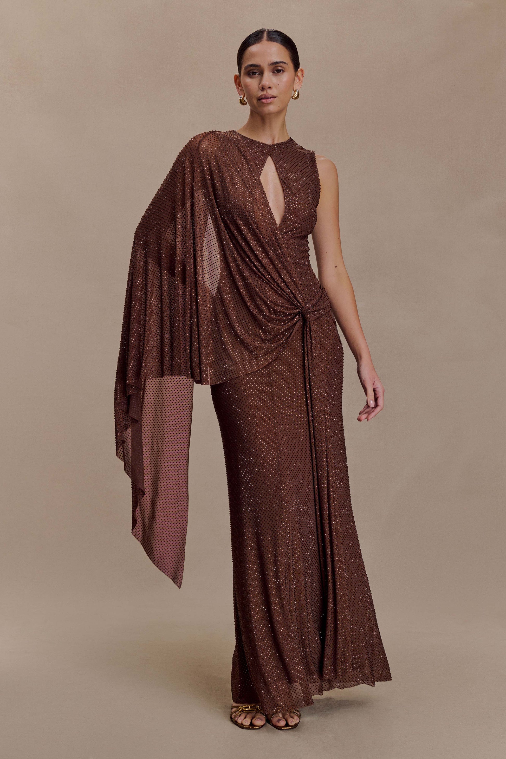 Bakari Diamante Cape Maxi Dress - Chocolate #9