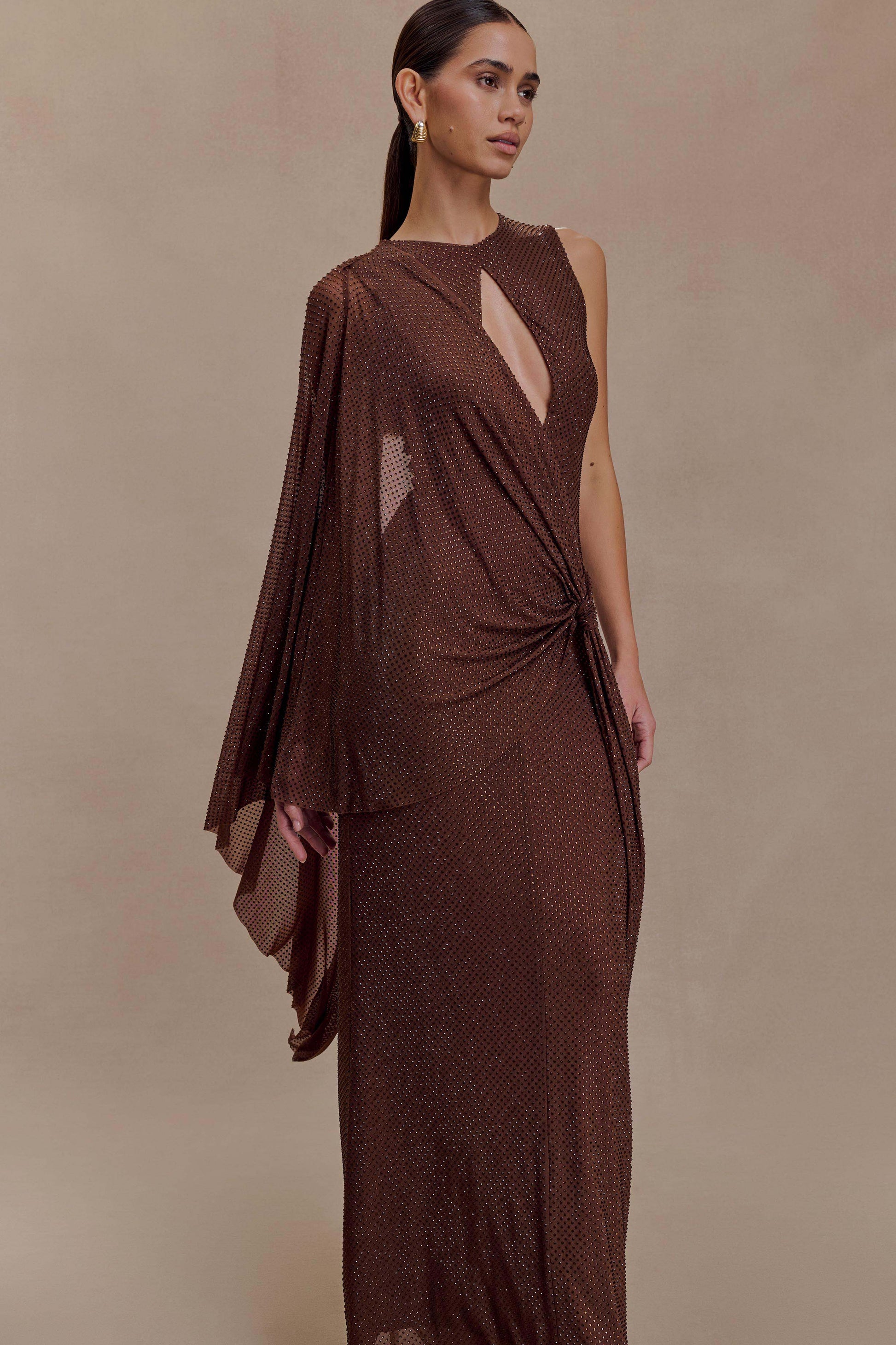 Bakari Diamante Cape Maxi Dress / Chocolate | MESHKI | XS Bakari Diamante Cape Maxi Dress / Chocolate | MESHKI | XS