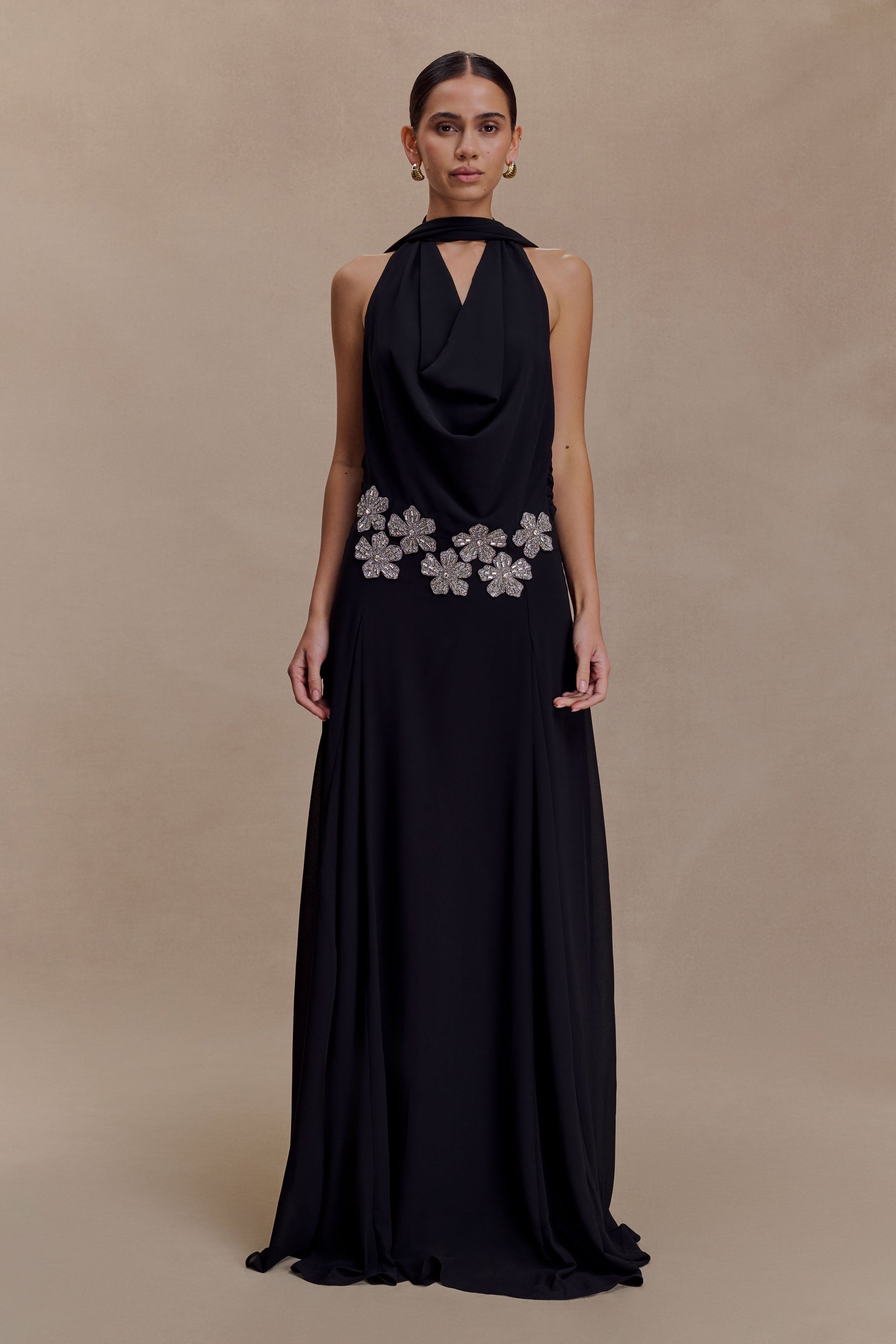 Santal Floral Chiffon Halter Maxi Dress / Black | MESHKI
