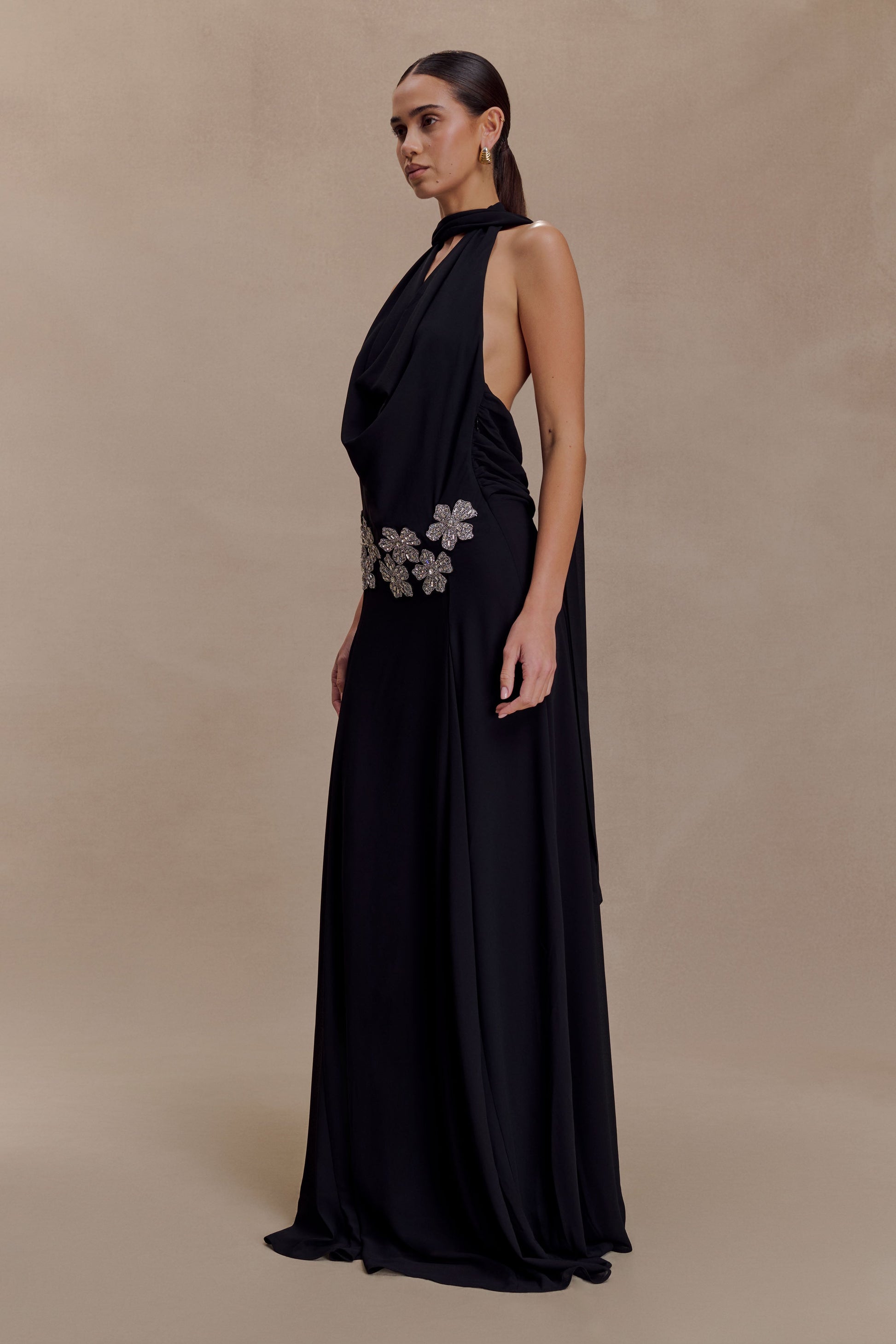 Santal Floral Chiffon Halter Maxi Dress / Black | MESHKI
