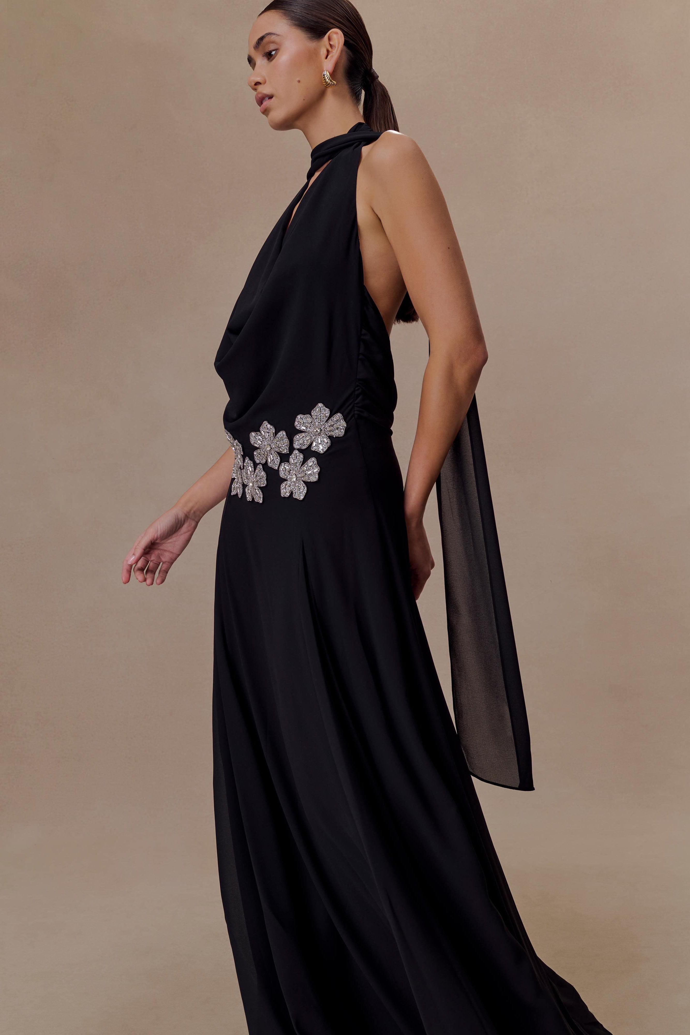 Santal Floral Chiffon Halter Maxi Dress - Black | MESHKI US
