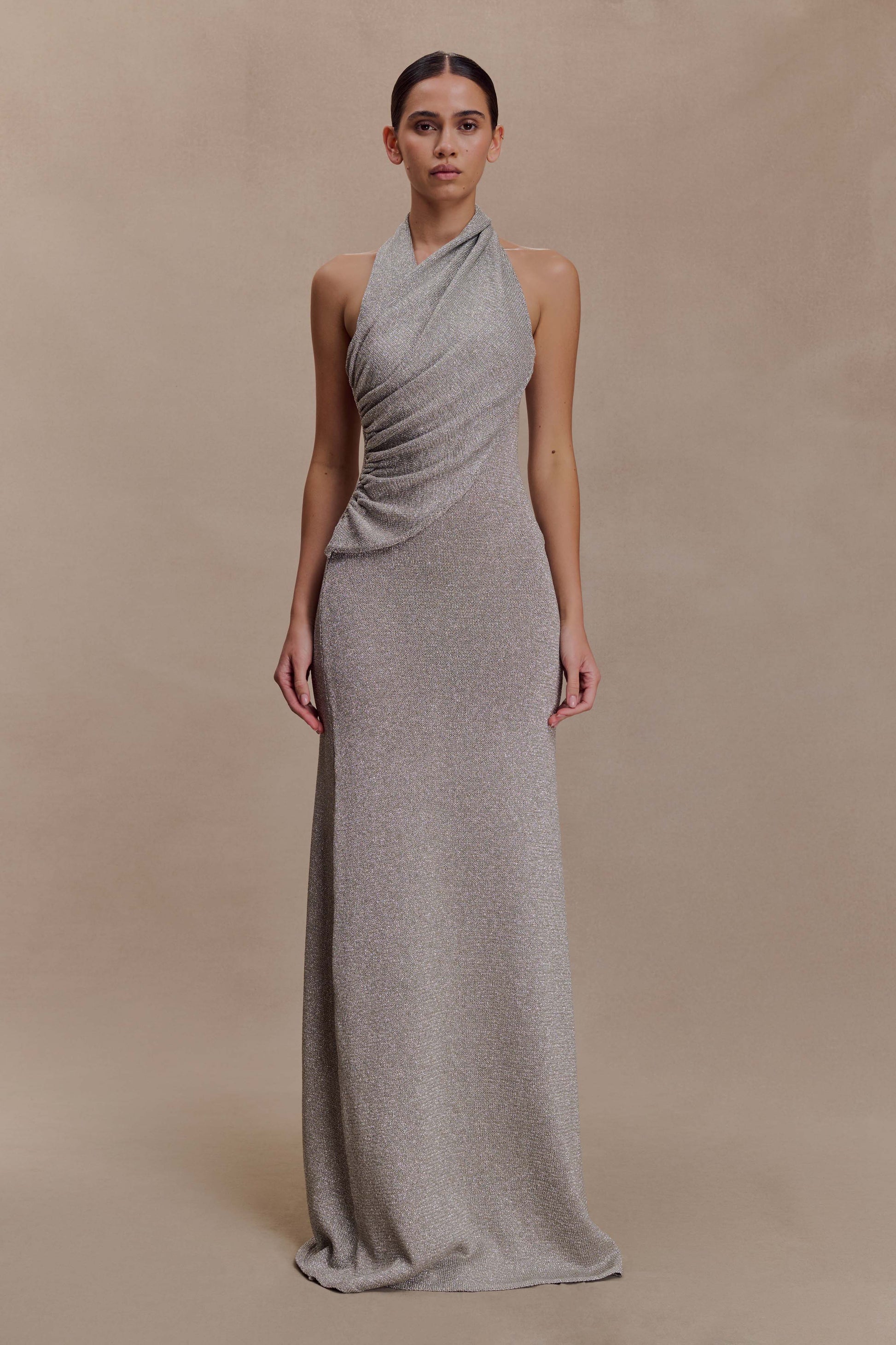 Elma Lurex Knit Halter Maxi Dress / Silver | MESHKI