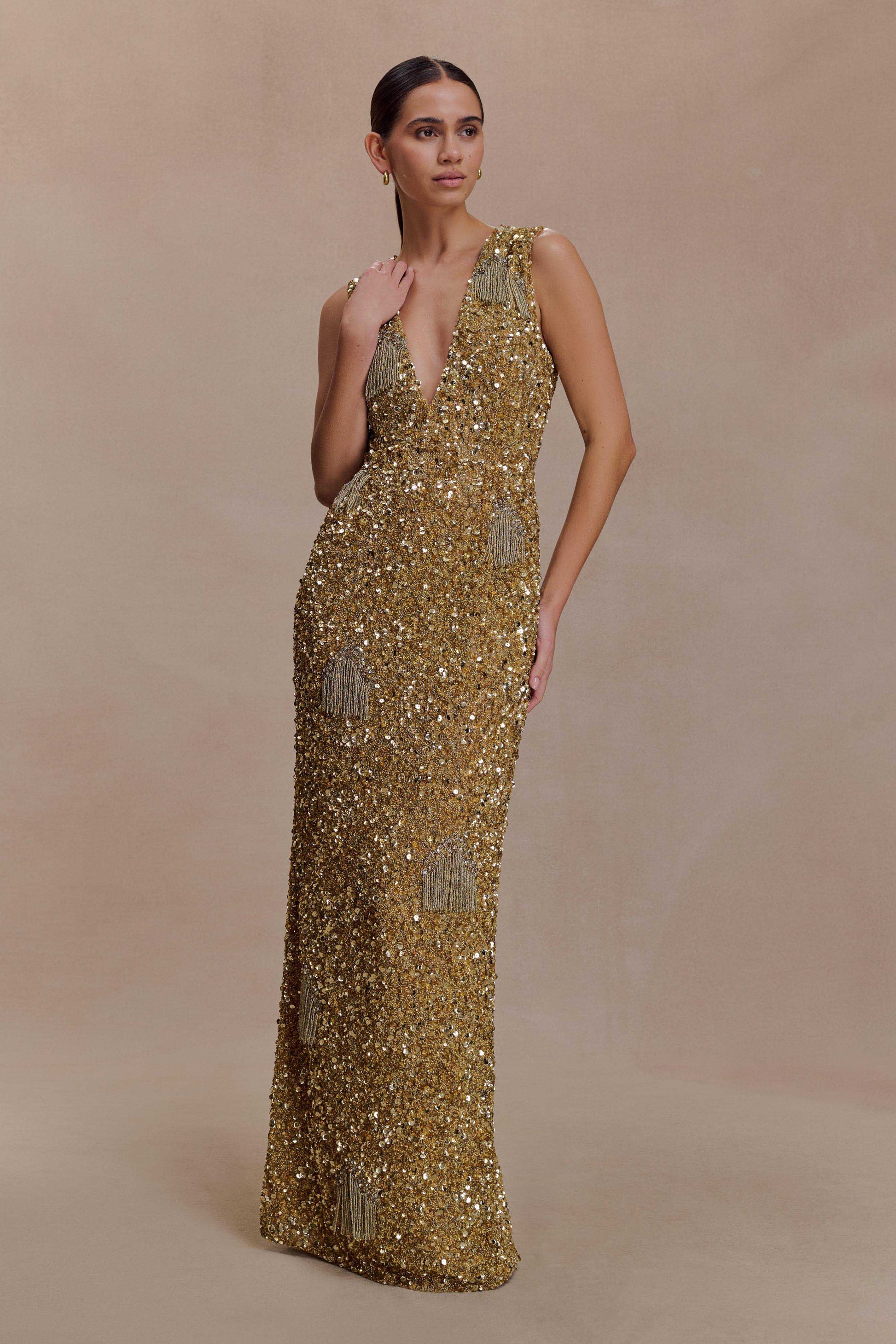 Astor Hand Embellished Maxi Dress / Gold | MESHKI