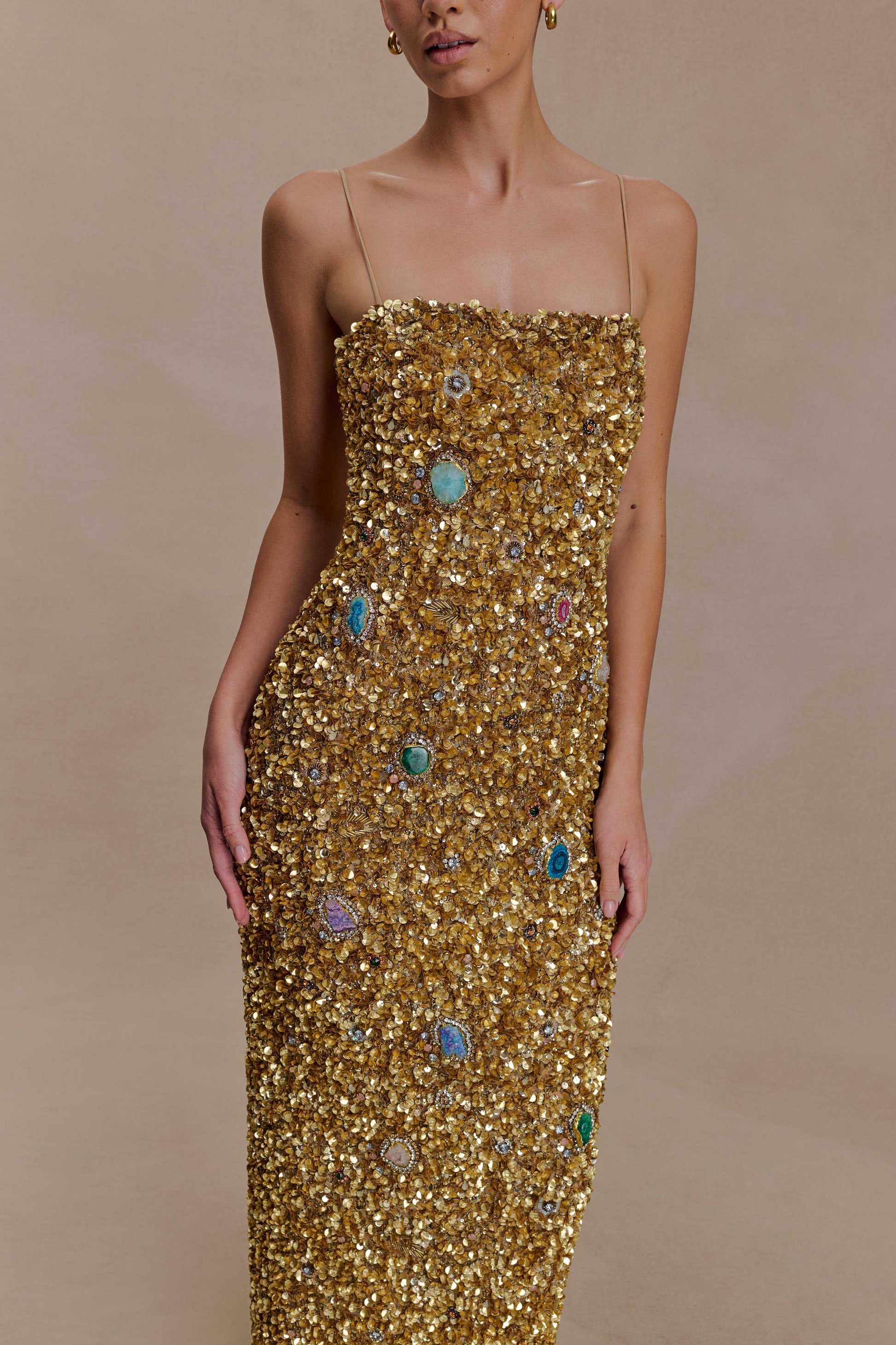 Porter Hand Beaded Midi Dress / Gold | MESHKI