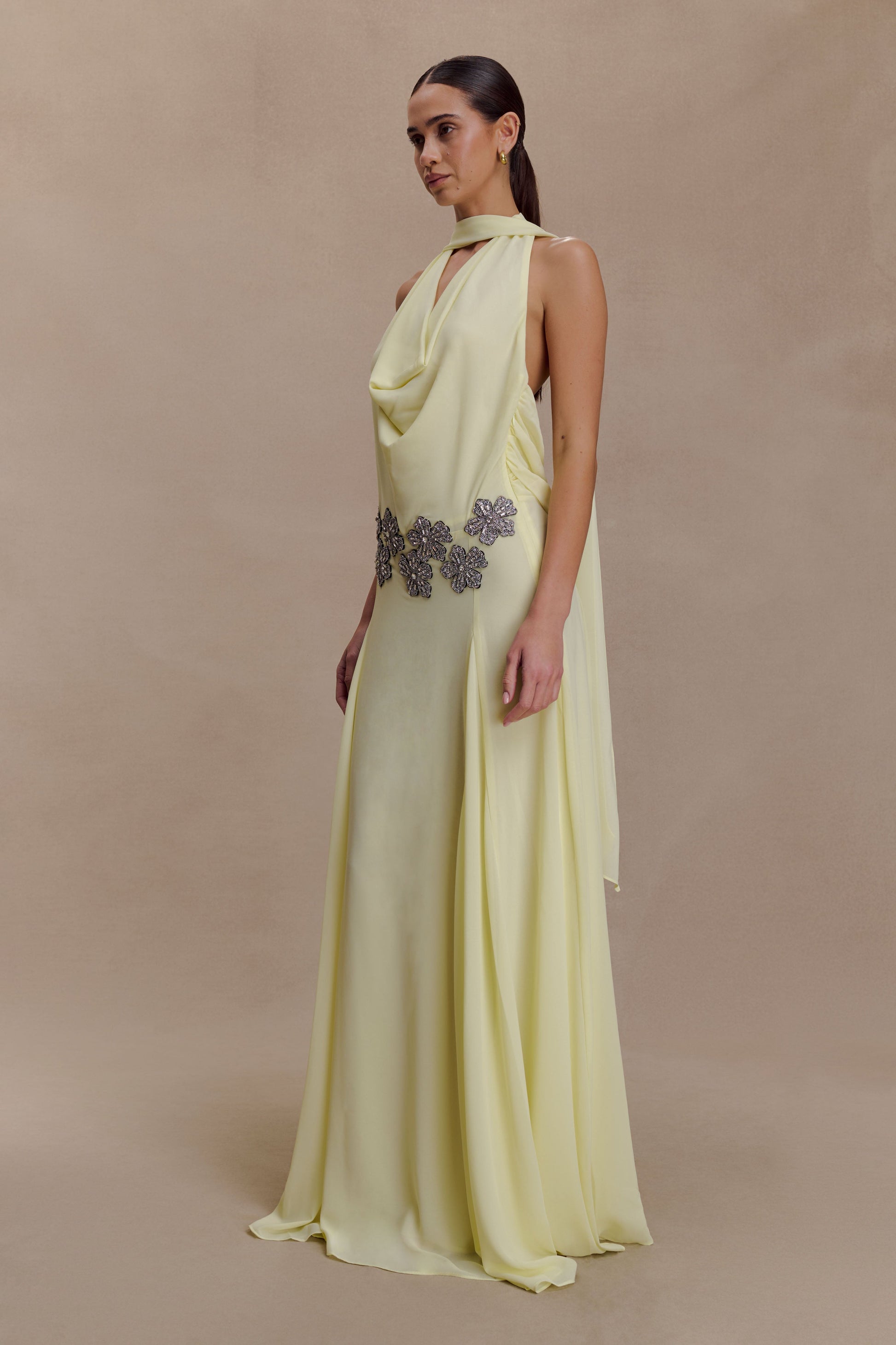 Santal Floral Chiffon Halter Maxi Dress - Lemon | MESHKI US Santal Floral Chiffon Halter Maxi Dress - Lemon | MESHKI US