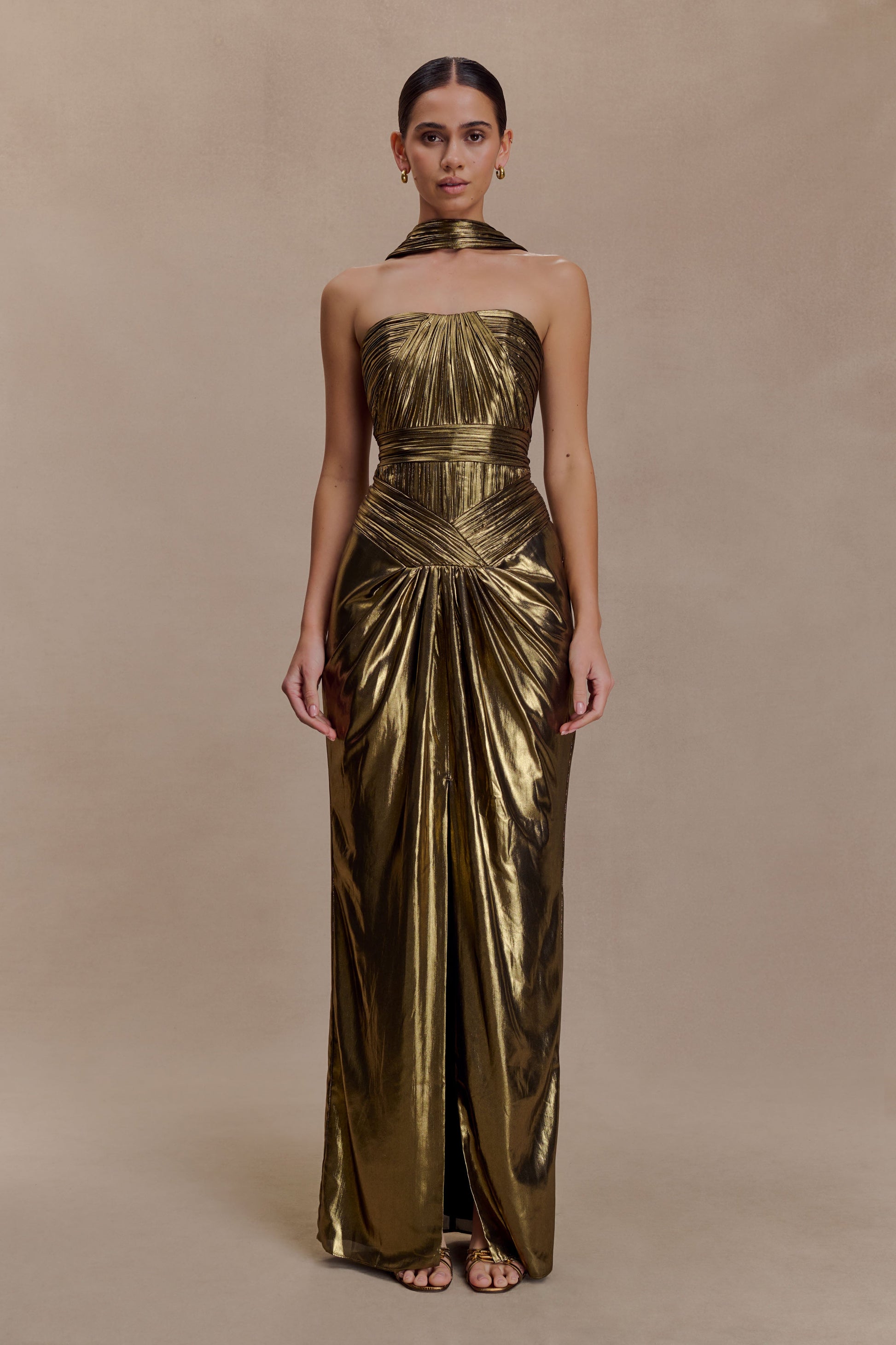 Clemence Plisse Maxi Dress - Gold | MESHKI US Clemence Plisse Maxi Dress - Gold | MESHKI US