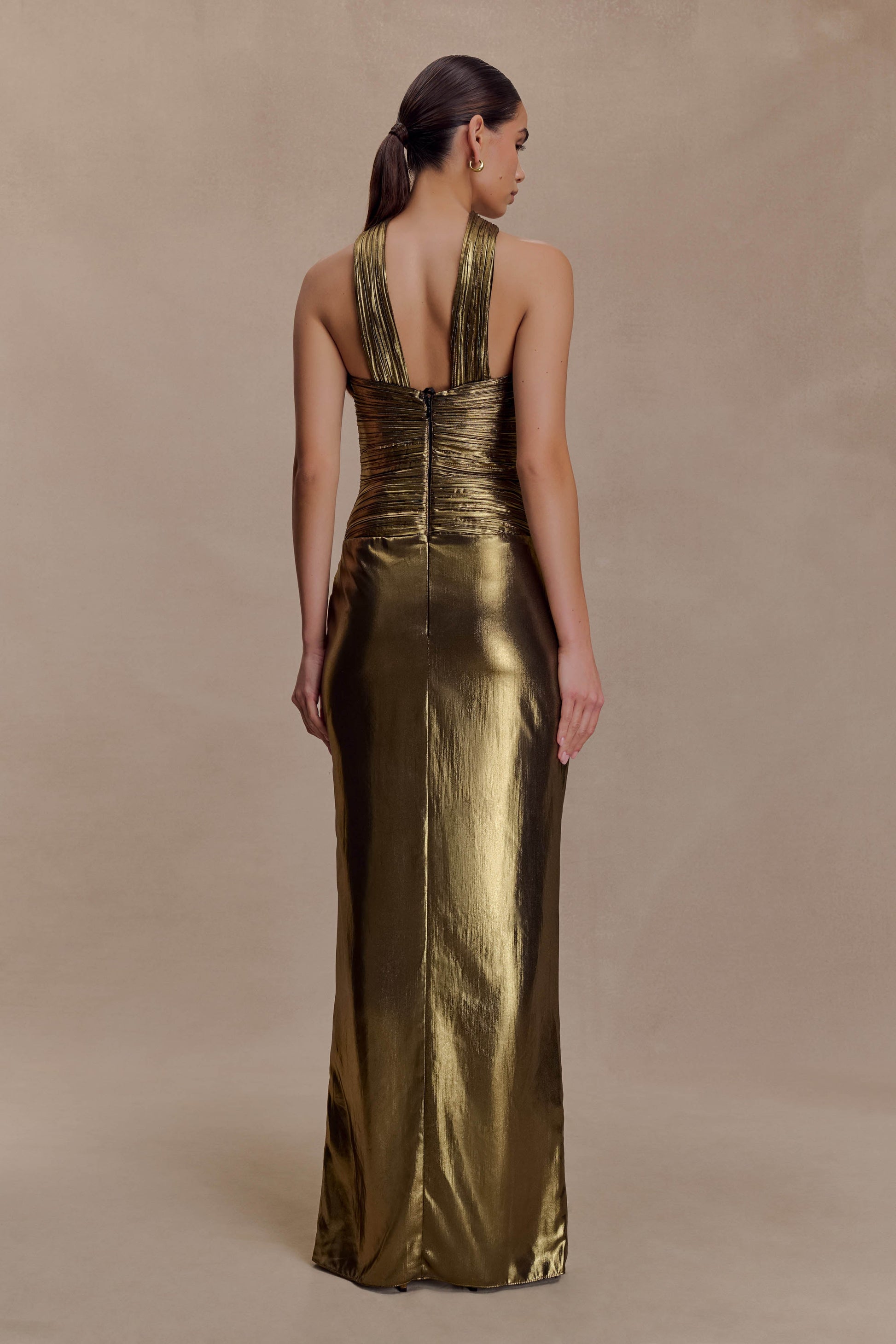 Clemence Plisse Maxi Dress - Gold | MESHKI US Clemence Plisse Maxi Dress - Gold | MESHKI US