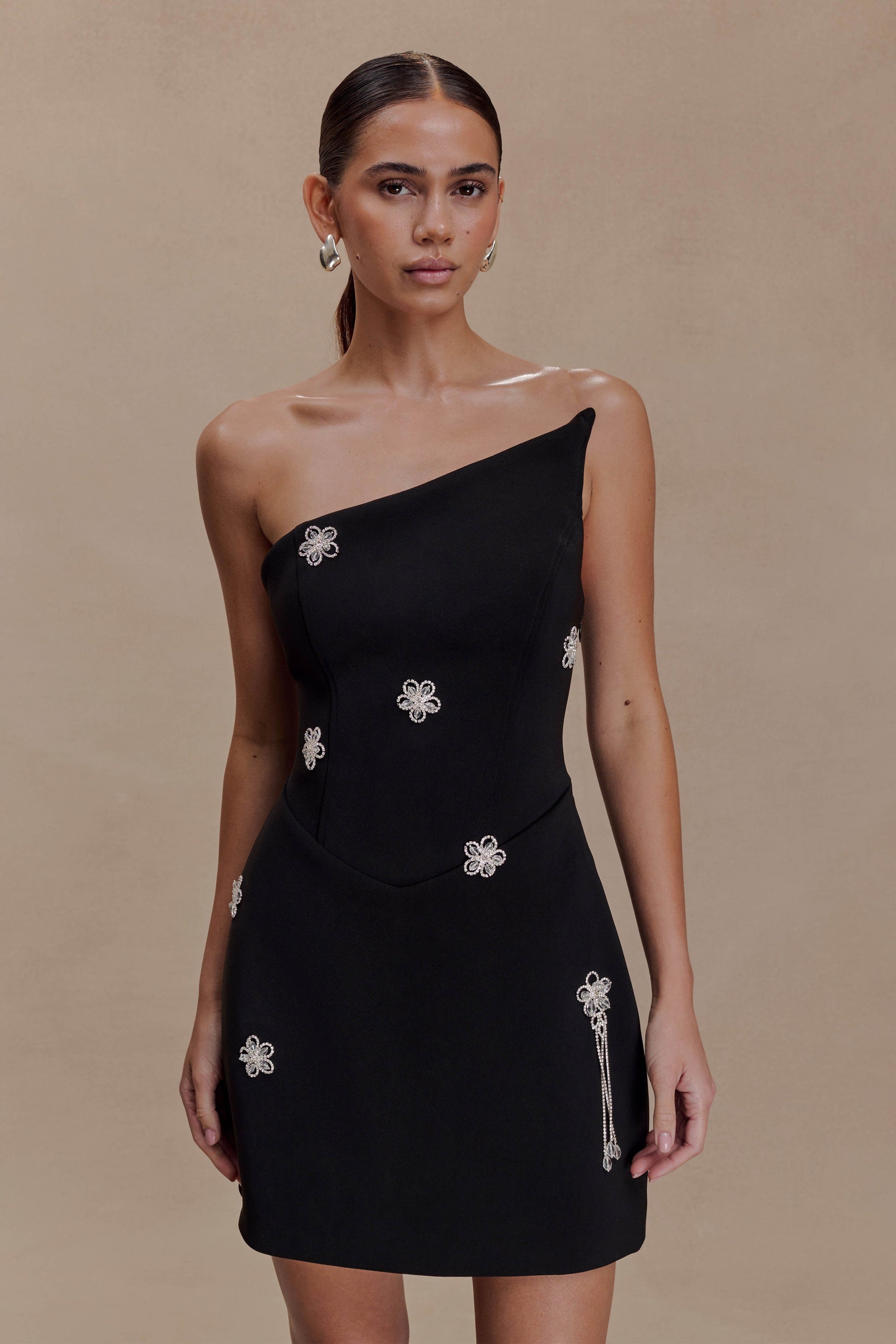 Liva Strapless Diamante Floral Trim Mini Dress - Black #6