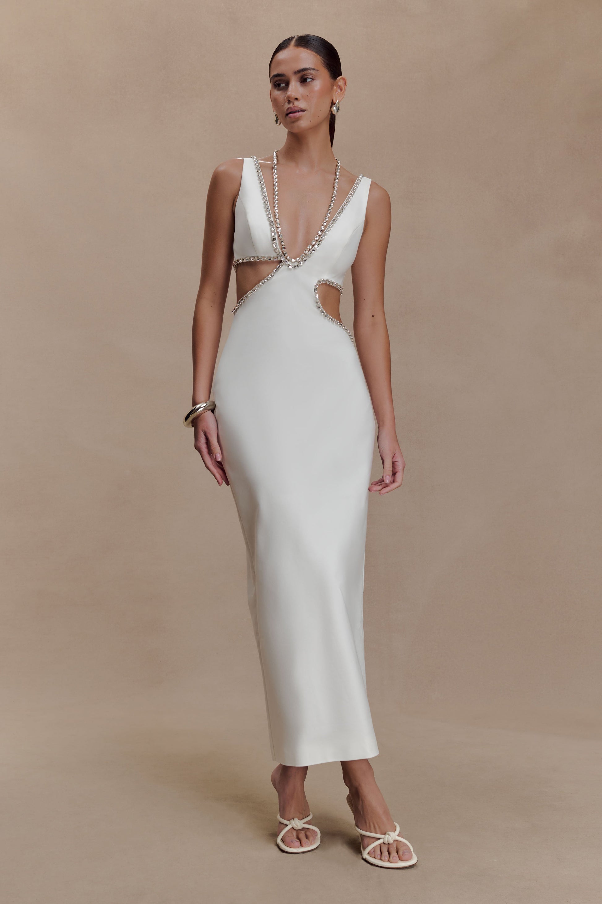 Henny Diamante Trim Cut Out Midi Dress / White | MESHKI