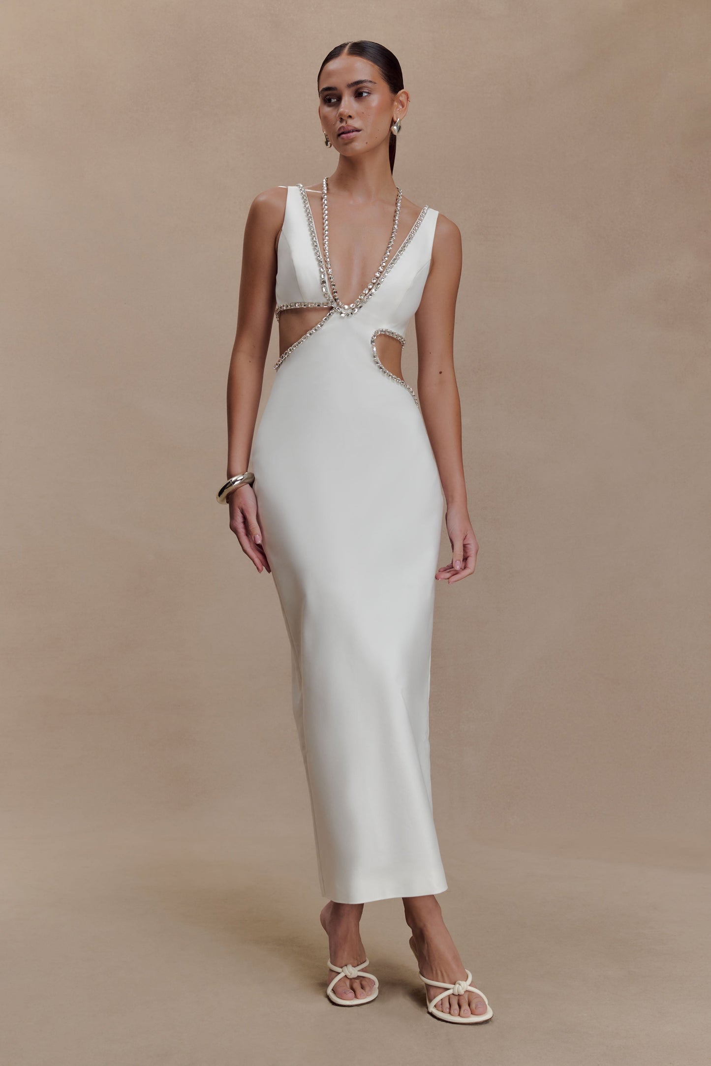 Henny Diamante Trim Cut Out Midi Dress - White