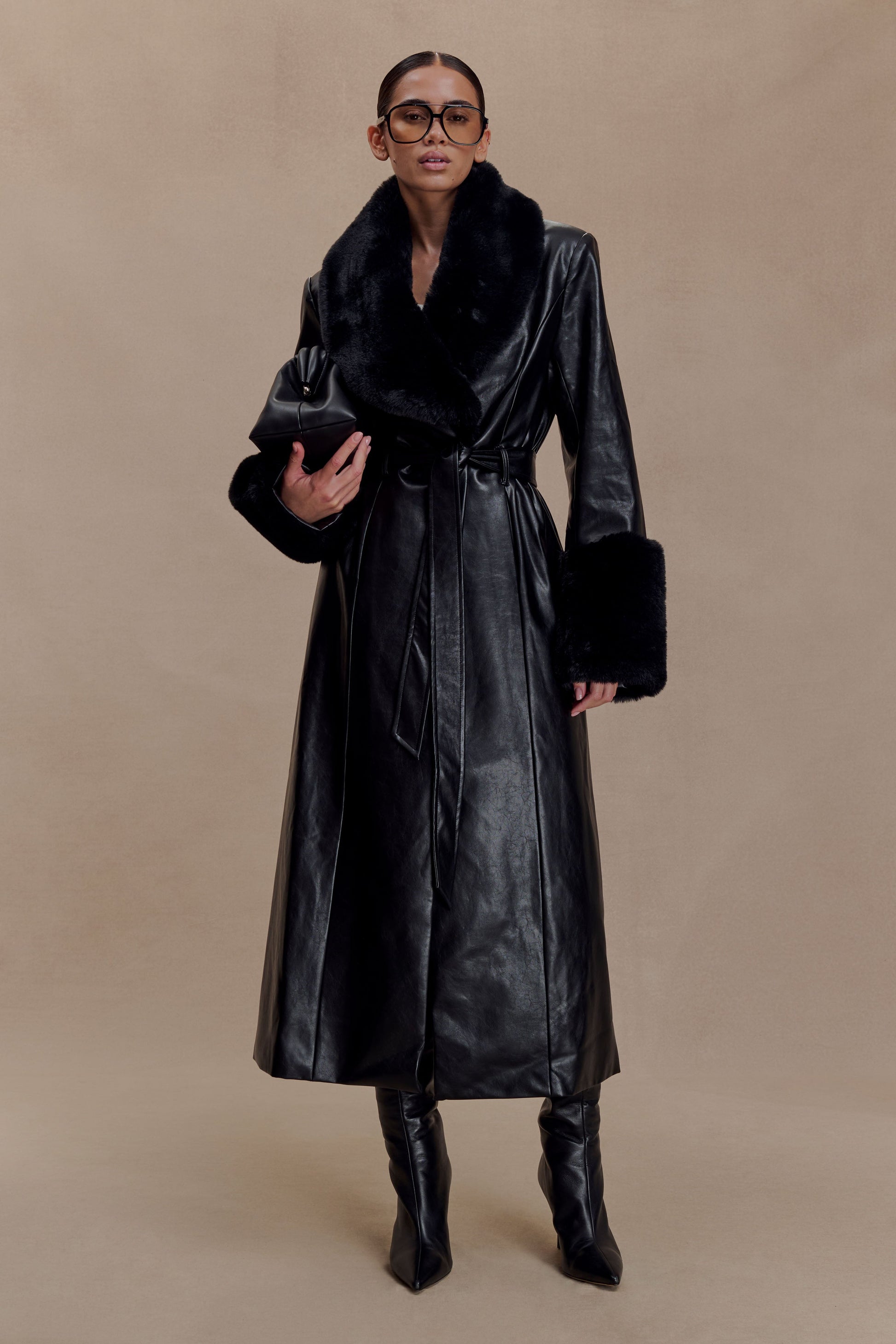 Bec Faux Leather Trench Coat With Faux Fur - Black #6