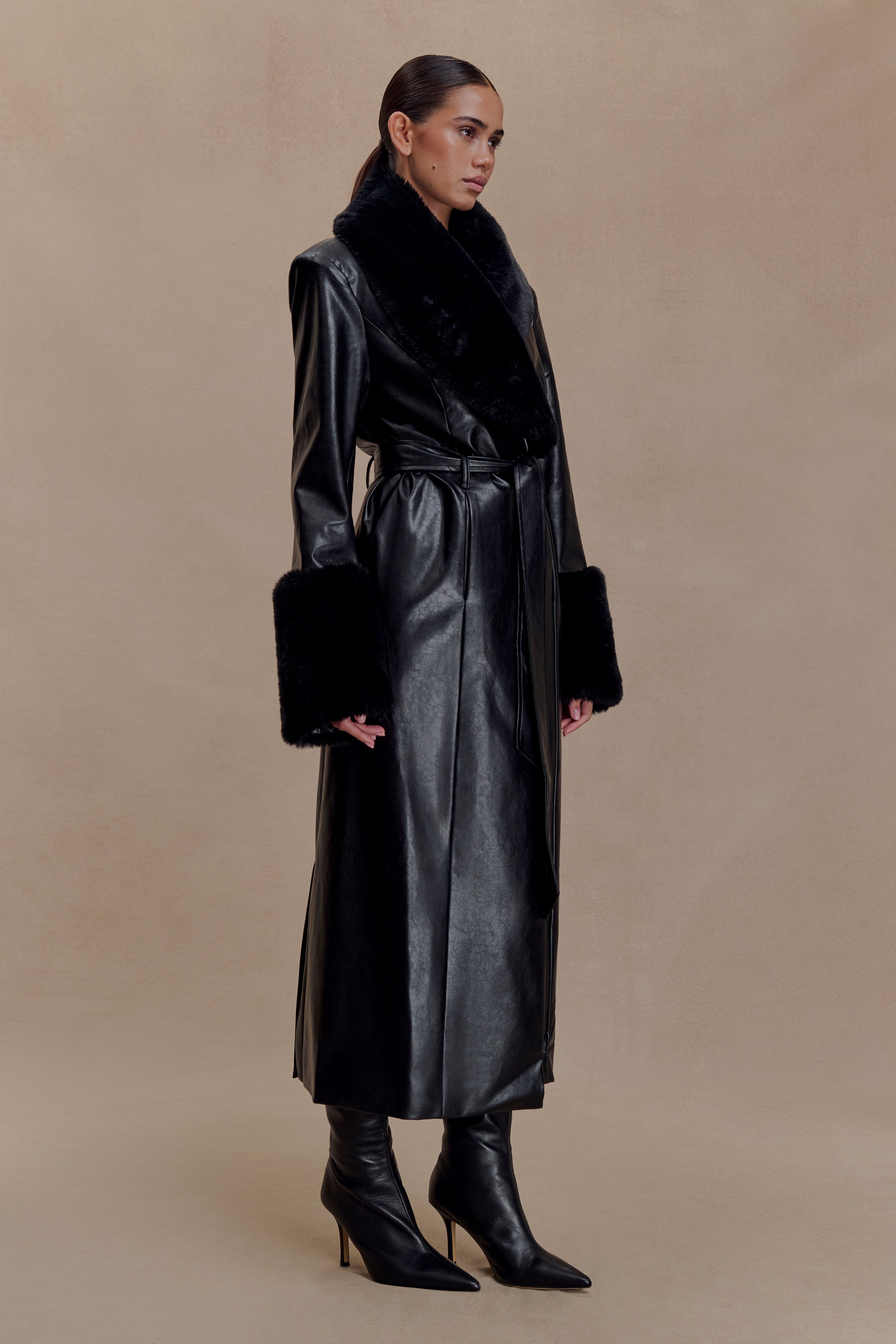 Bec Faux Leather Trench Coat With Faux Fur - Black | MESHKI US