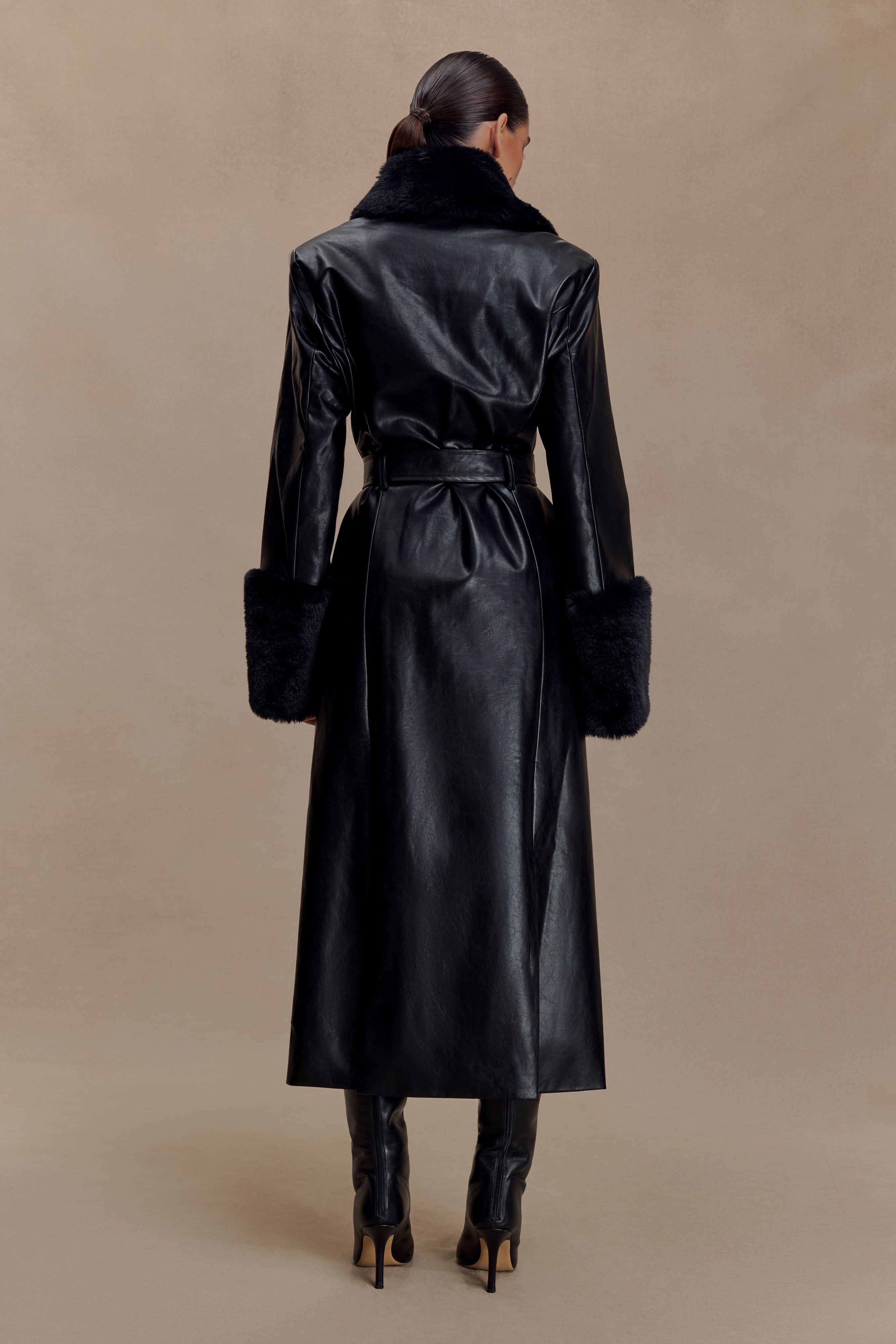 Bec Faux Leather Trench Coat With Faux Fur - Black | MESHKI US