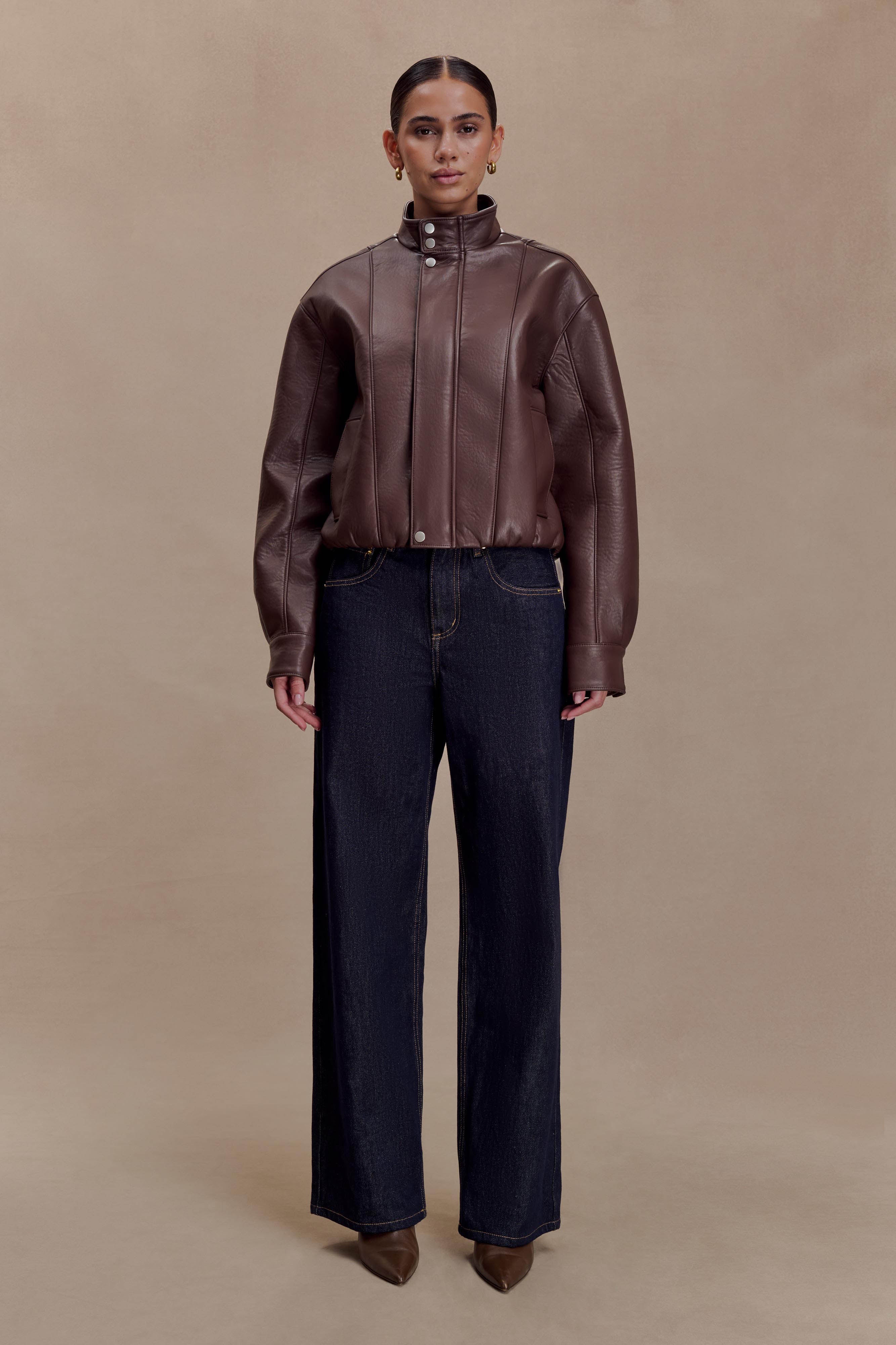 Curtis Faux Leather Bomber Jacket - Dark Chocolate | MESHKI US