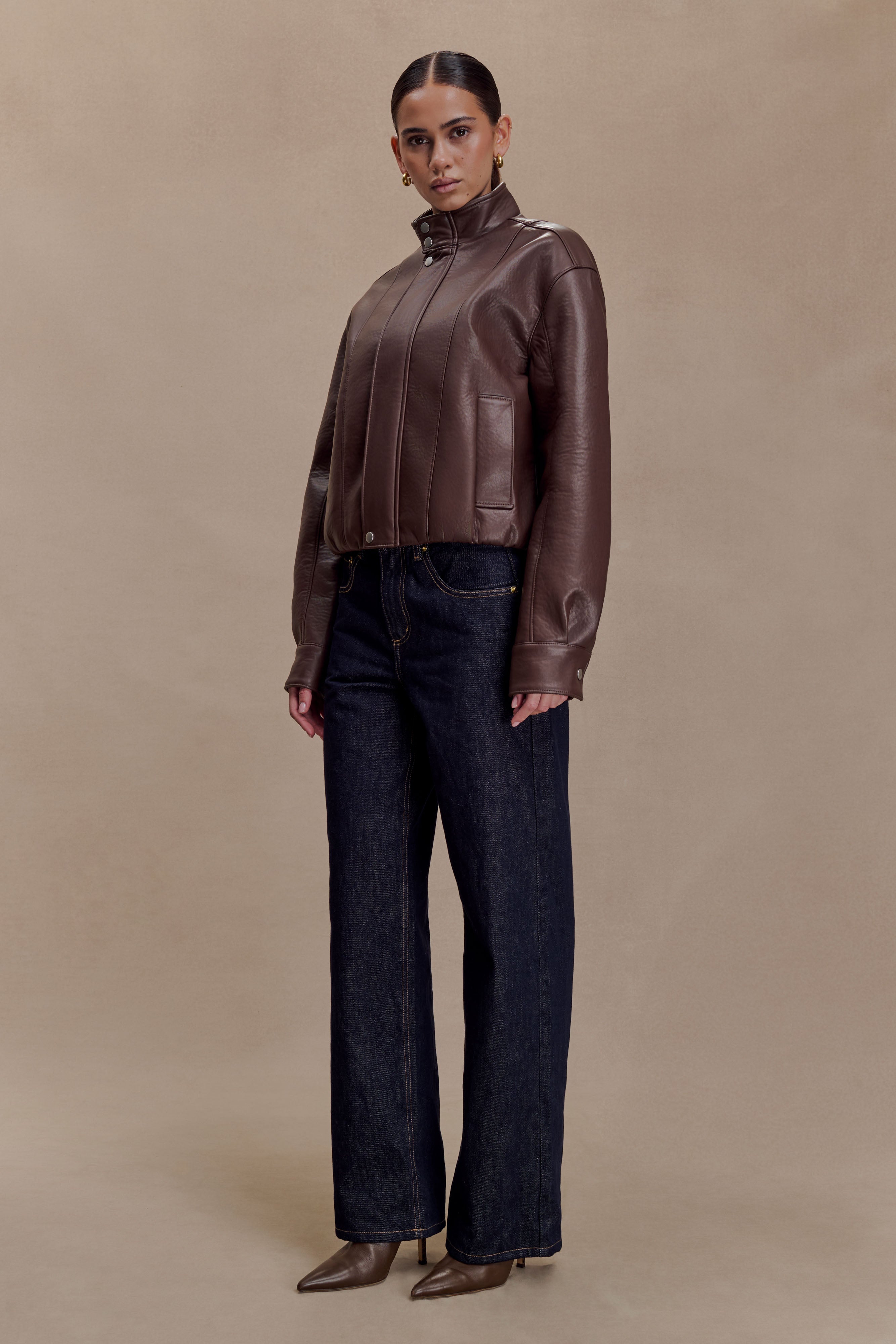 Curtis Faux Leather Bomber Jacket - Dark Chocolate | MESHKI US