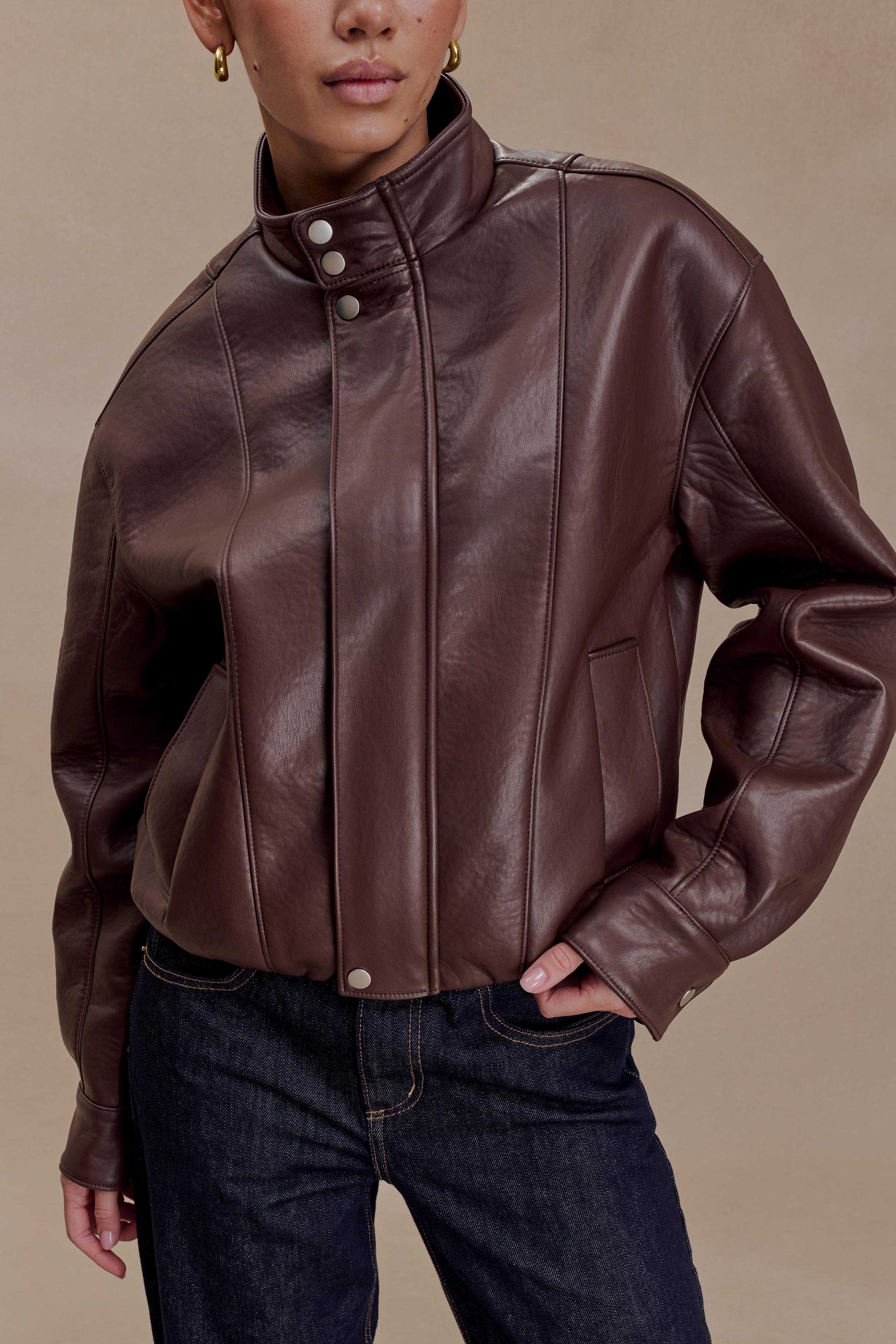 Curtis Faux Leather Bomber Jacket - Dark Chocolate | MESHKI US