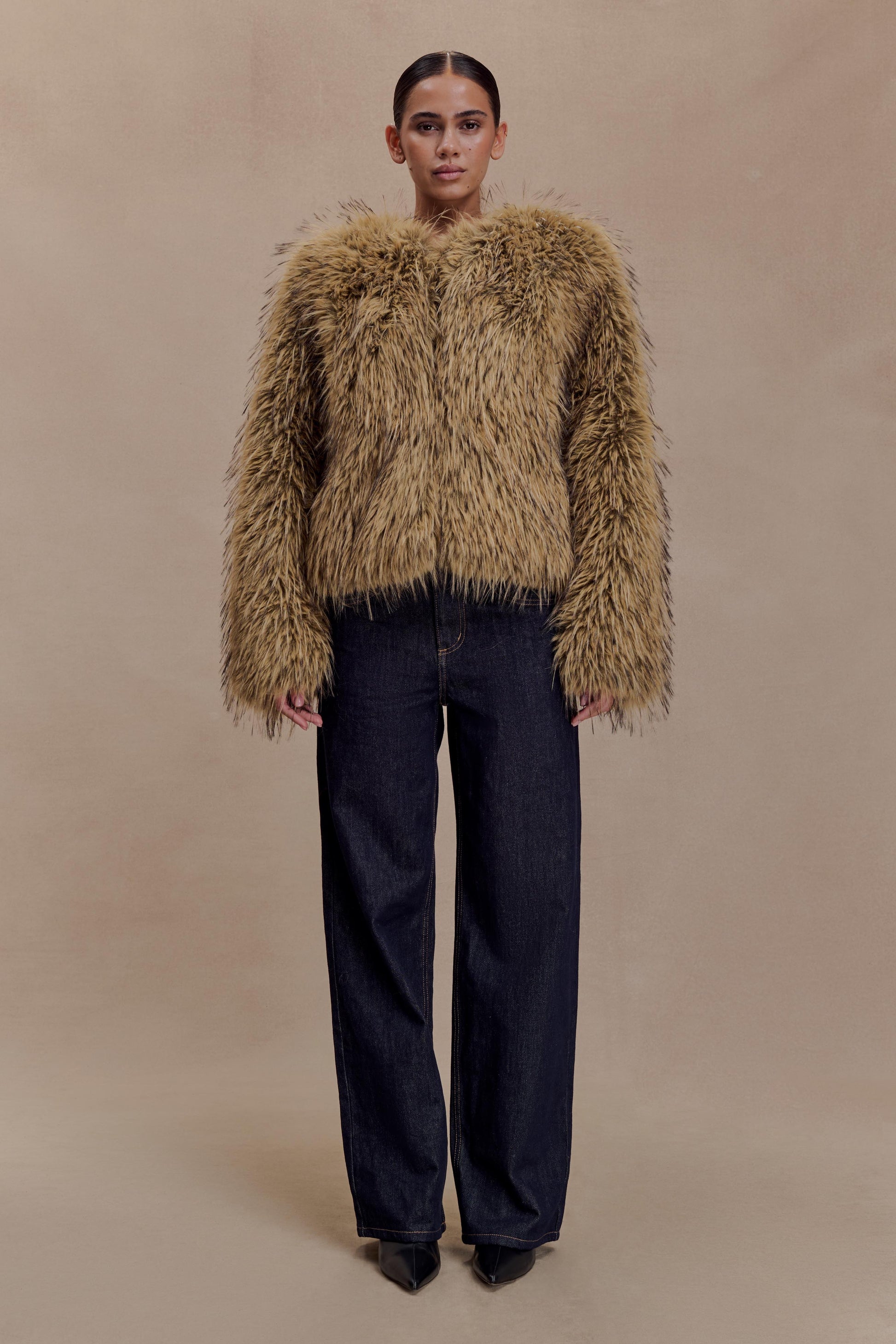 Ottie Mongolian Faux Fur Cropped Jacket - Brown Multi #3