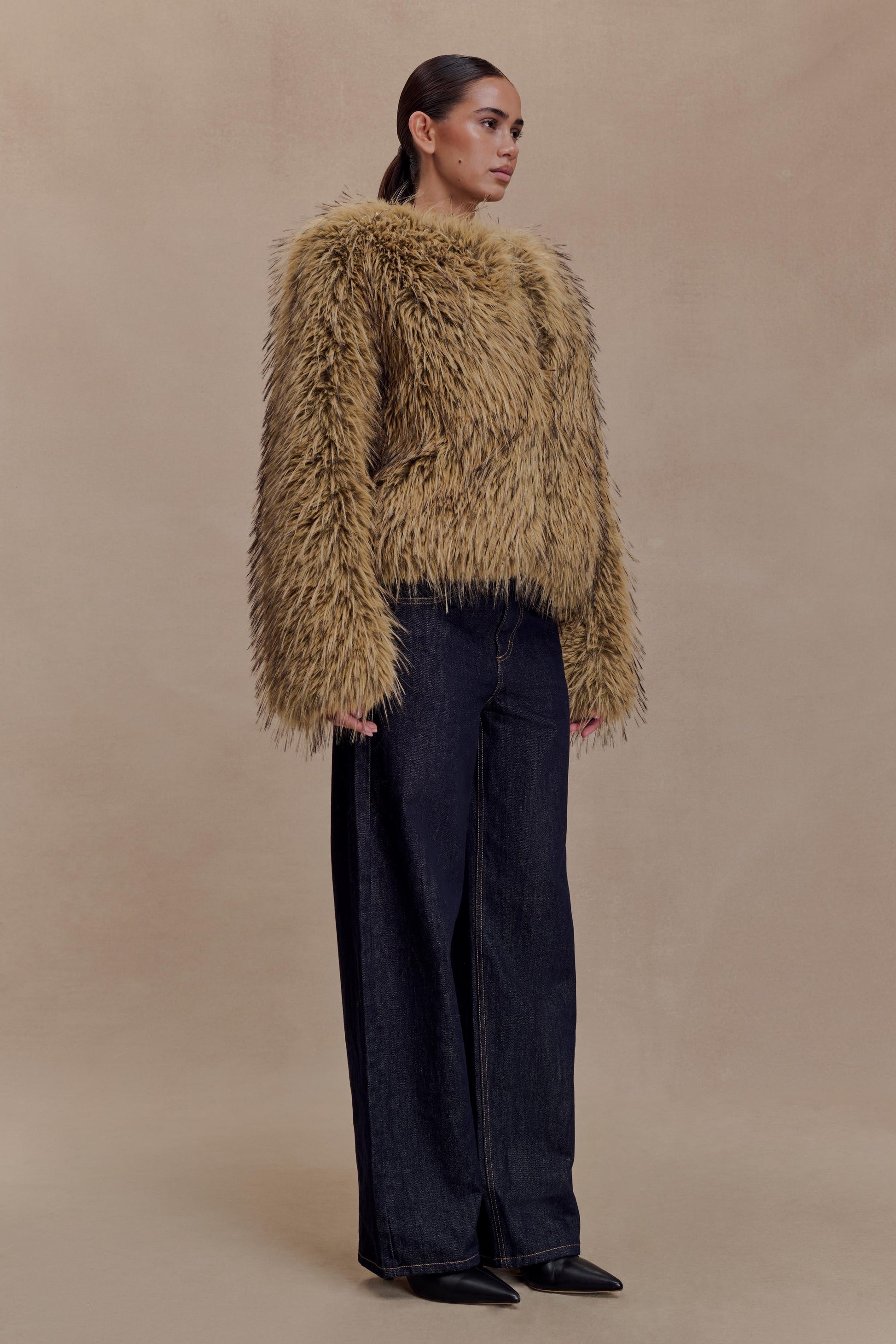 Ottie Mongolian Faux Fur Cropped Jacket - Brown Multi #4