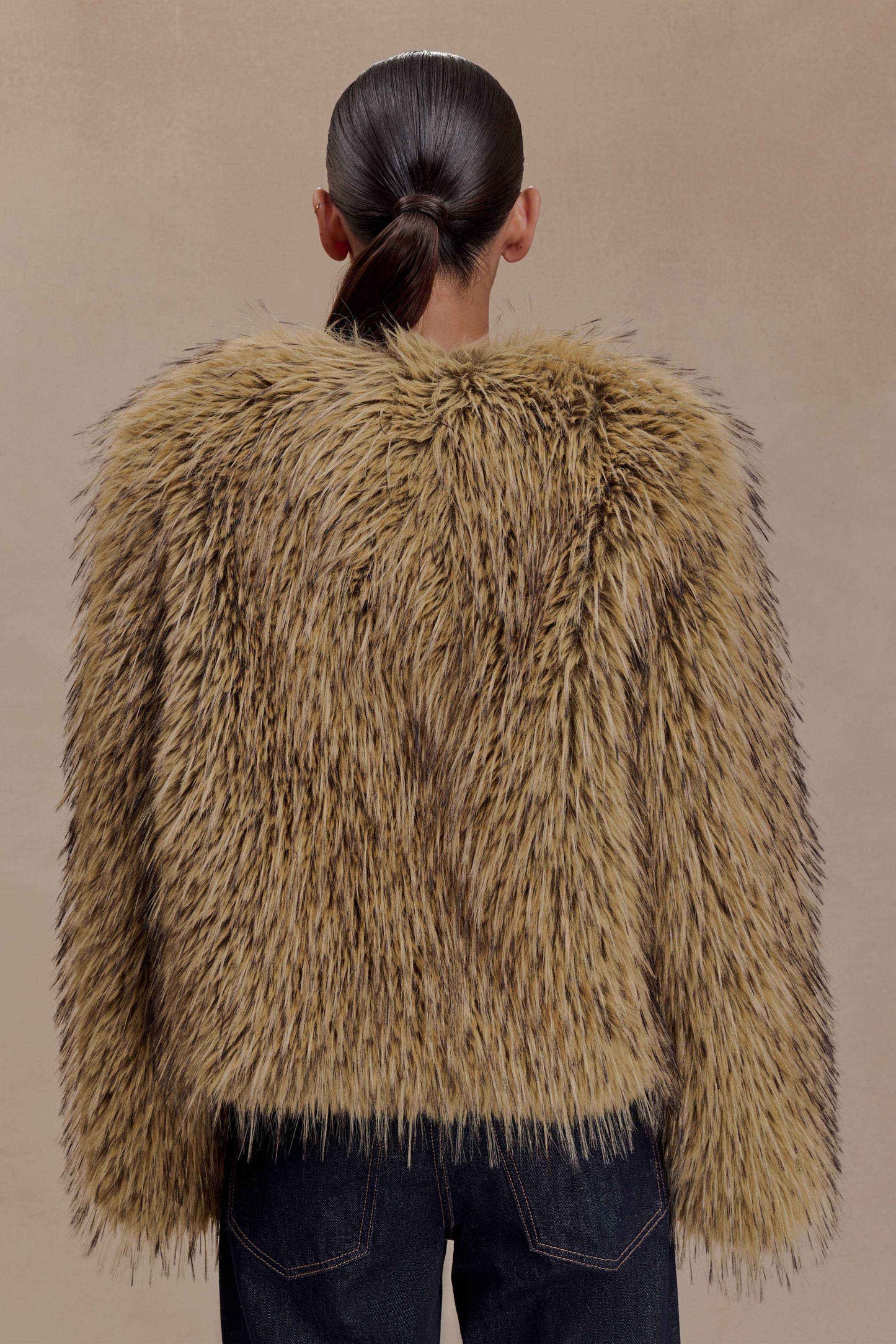 Ottie Mongolian Faux Fur Cropped Jacket - Brown Multi