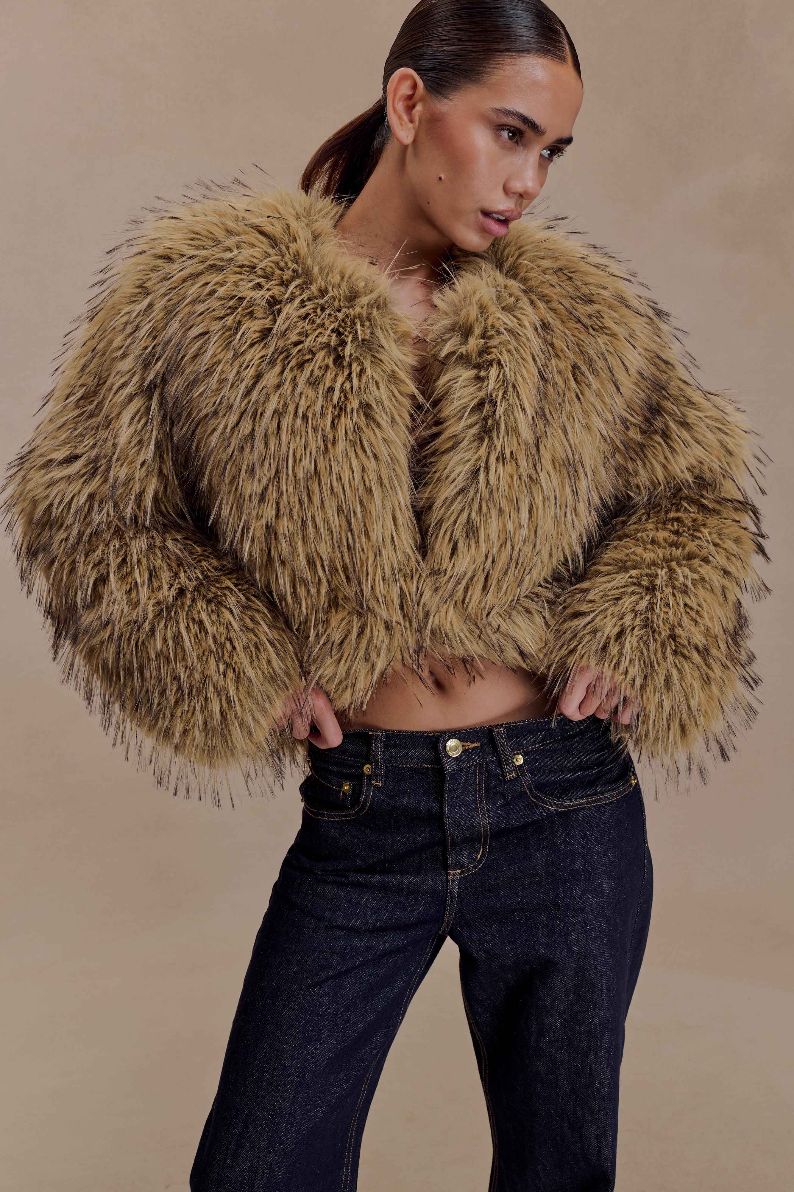 fake fur jacket brown × green Y2K ギャル Ottie Mongolian Faux Fur Cropped Jacket - Brown Multi | MESHKI US