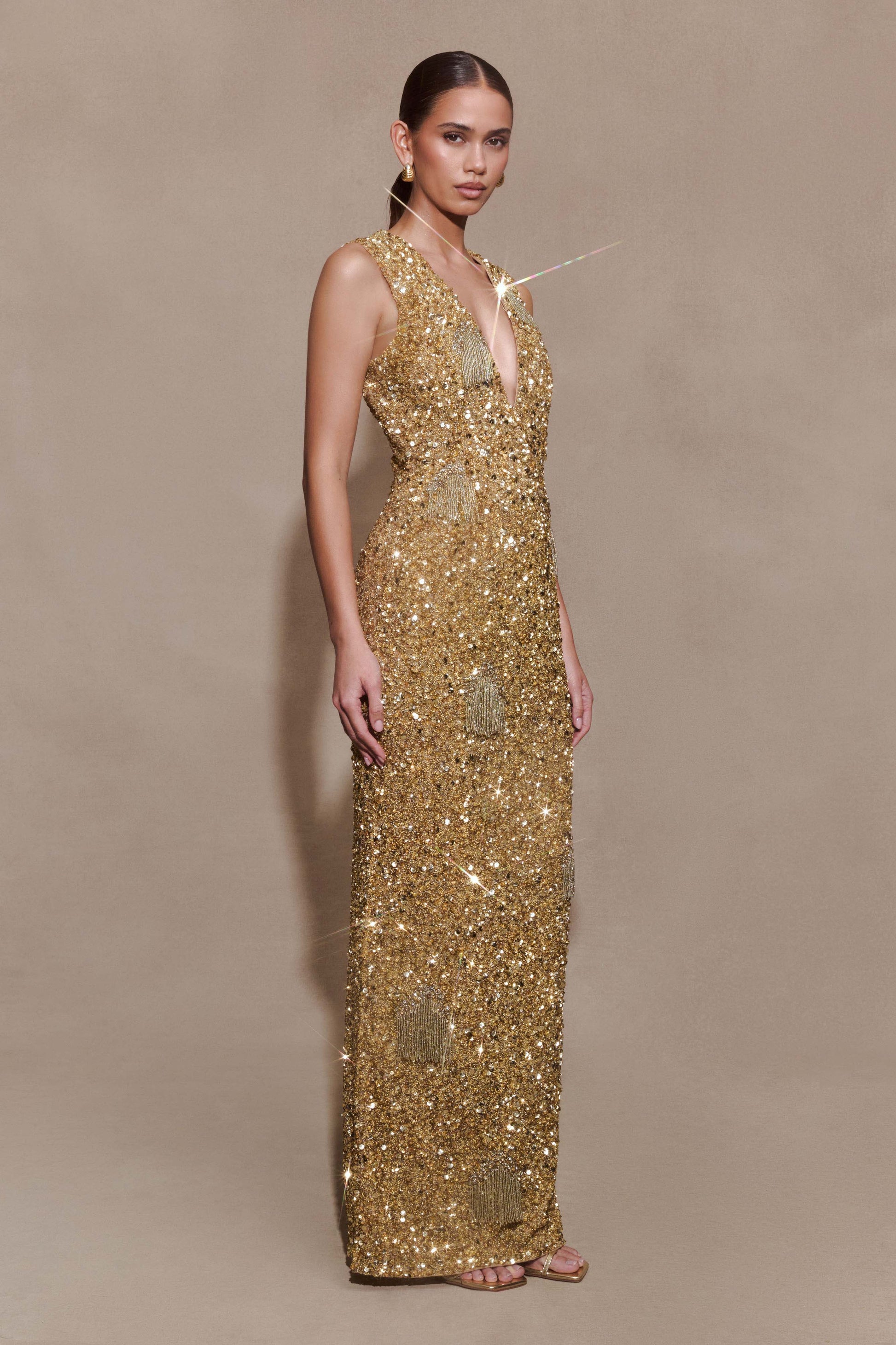 Astor Hand Embellished Maxi Dress / Gold | MESHKI | S Astor Hand Embellished Maxi Dress / Gold | MESHKI | S