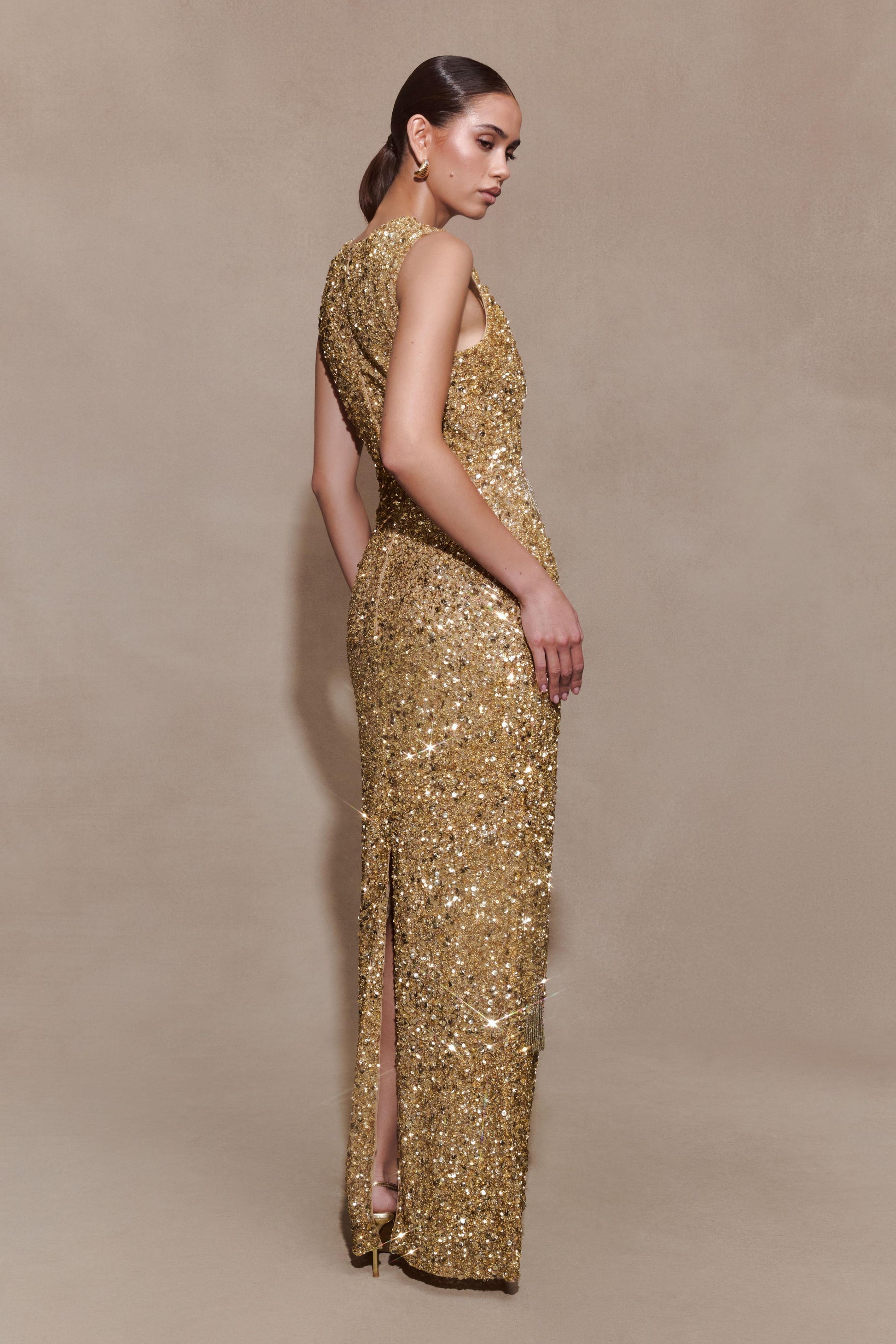 Astor Hand Embellished Maxi Dress - Gold | MESHKI US Astor Hand Embellished Maxi Dress - Gold | MESHKI US