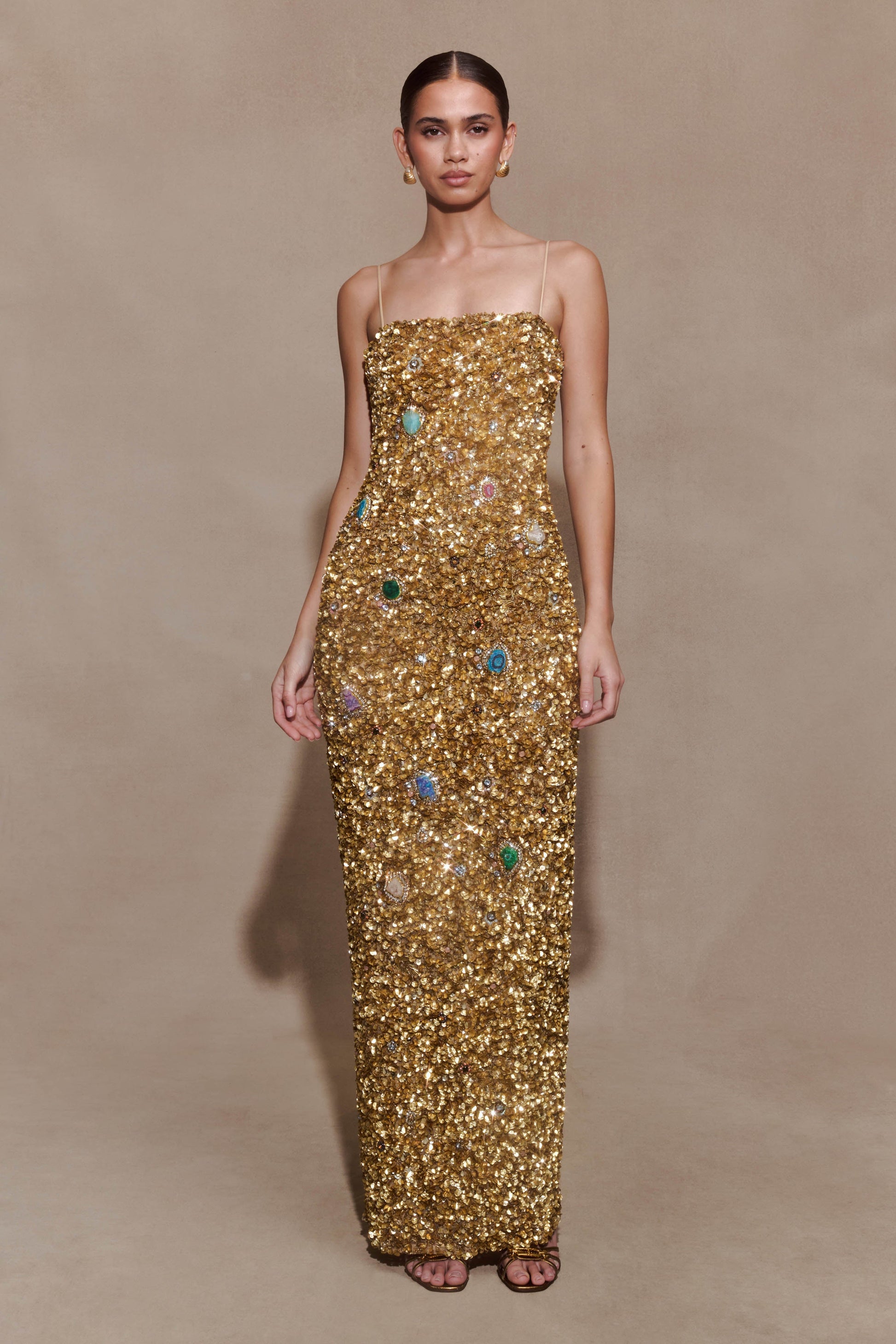 Porter Hand Beaded Midi Dress / Gold | MESHKI | XS Porter Hand Beaded Midi Dress / Gold | MESHKI | XS