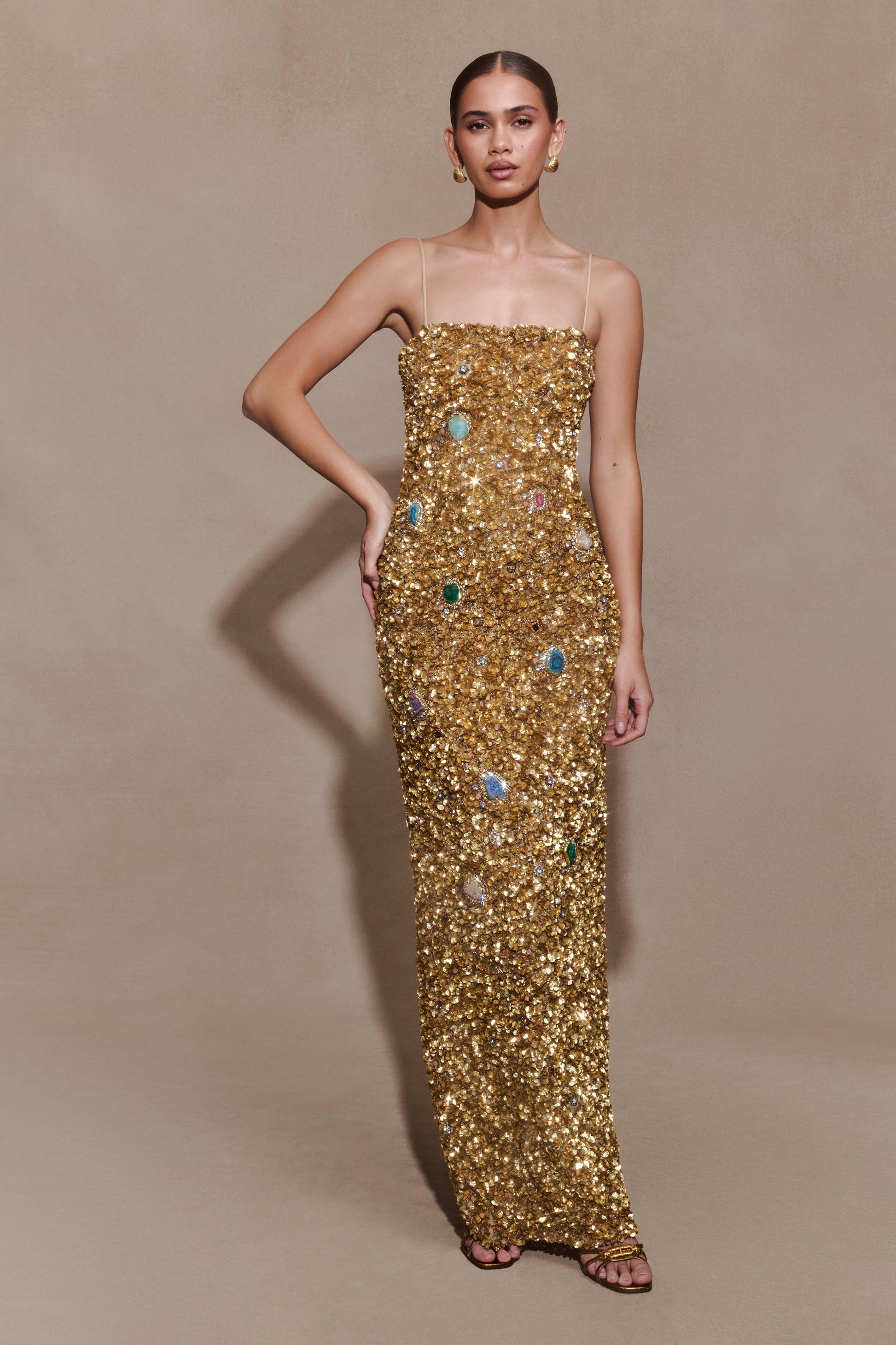 Porter Hand Beaded Midi Dress / Gold | MESHKI