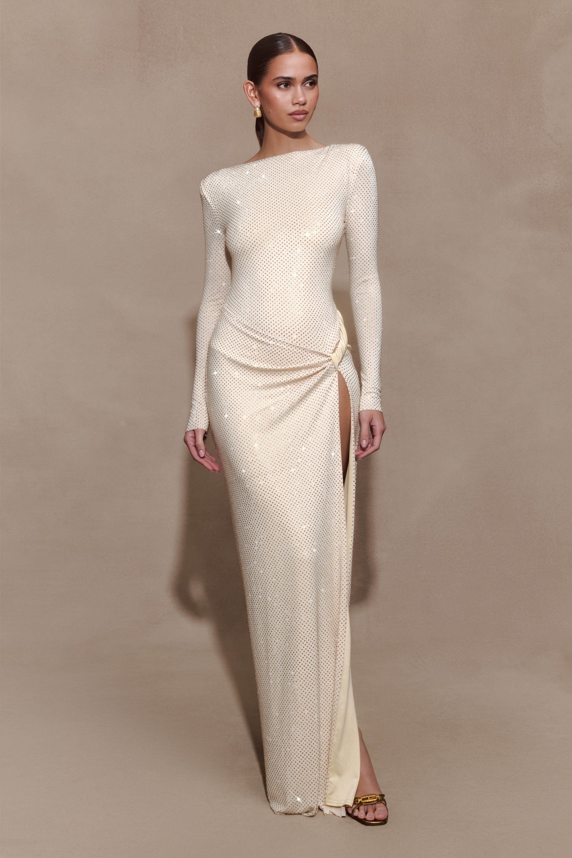 Deanna Long Sleeve Diamante Maxi Dress - Gold | MESHKI US Deanna Long Sleeve Diamante Maxi Dress - Gold | MESHKI US