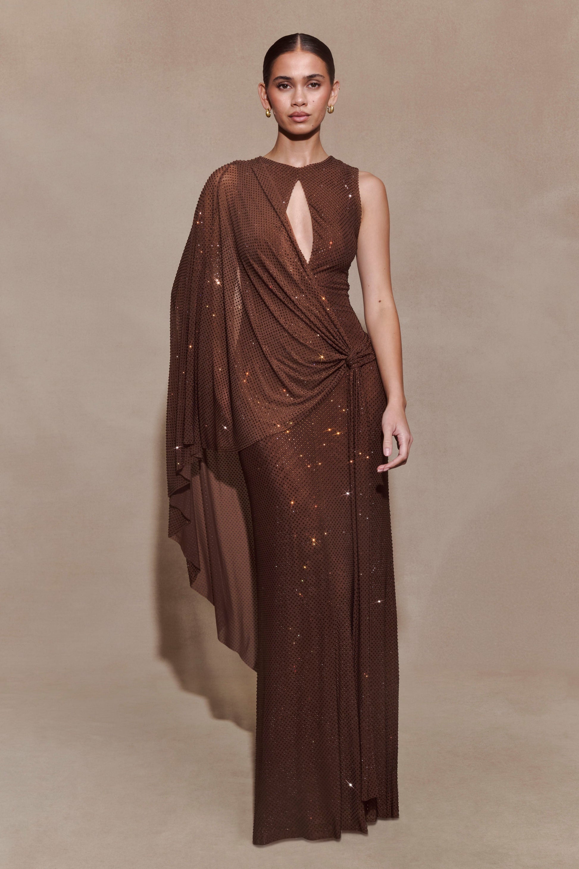 Bakari Diamante Cape Maxi Dress / Chocolate | MESHKI | XS Bakari Diamante Cape Maxi Dress / Chocolate | MESHKI | XS