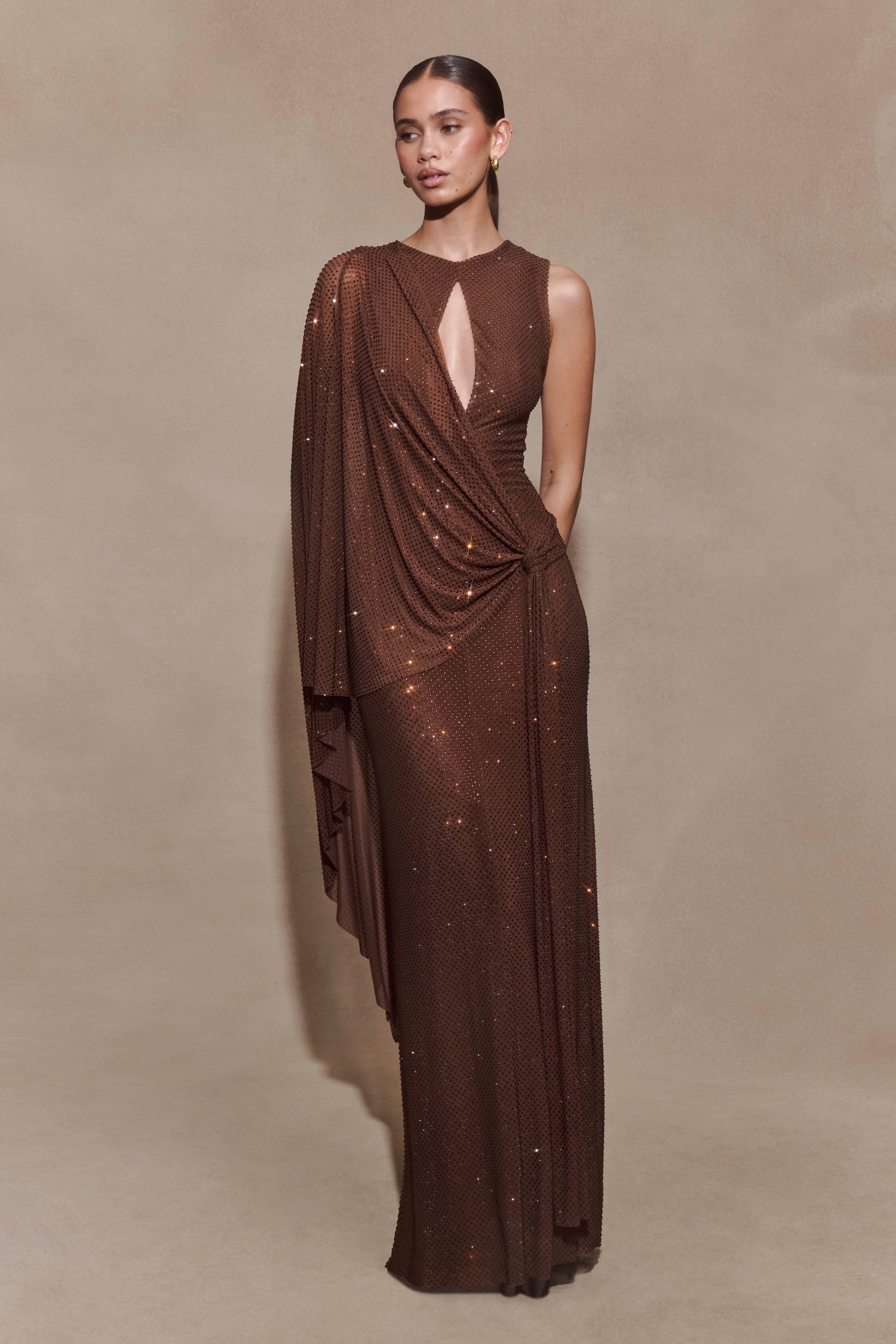cape maxi dress Bakari Diamante Cape Maxi Dress / Chocolate | MESHKI