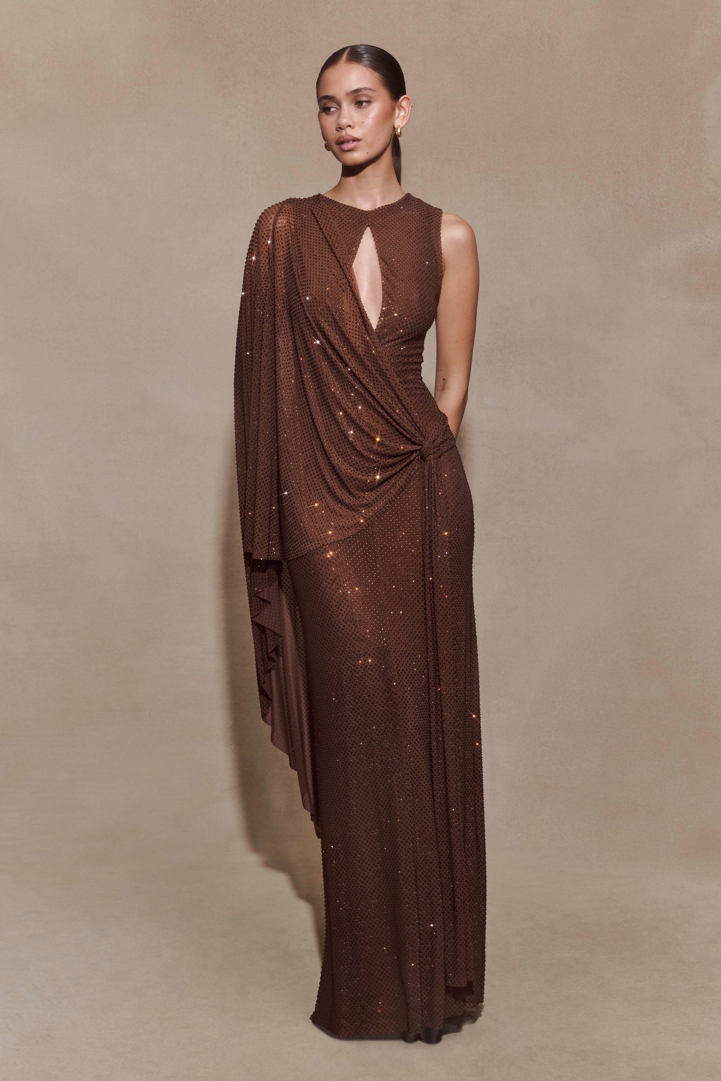 Bakari Diamante Cape Maxi Dress - Chocolate