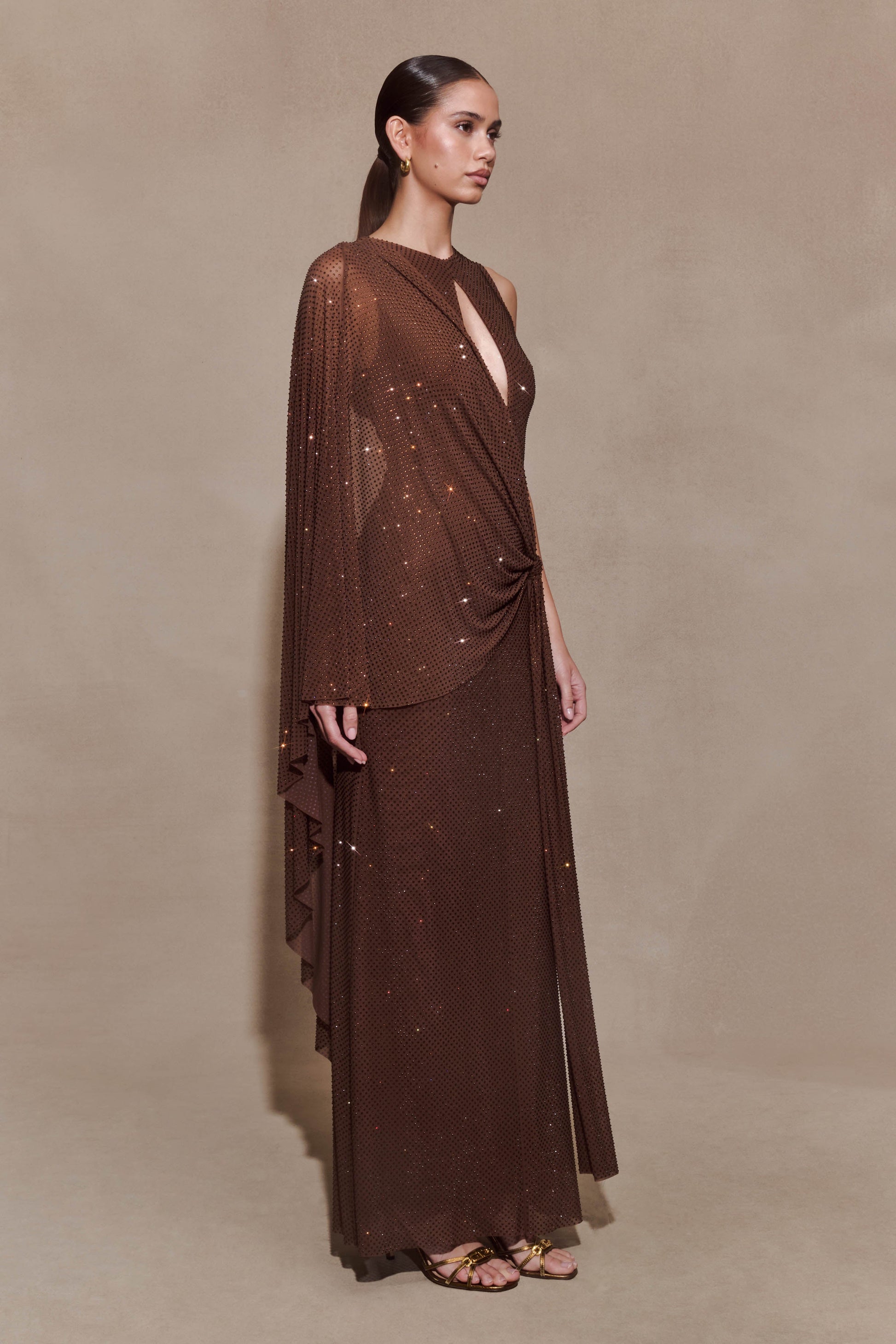 Bakari Diamante Cape Maxi Dress / Chocolate | MESHKI | XS Bakari Diamante Cape Maxi Dress / Chocolate | MESHKI | XS