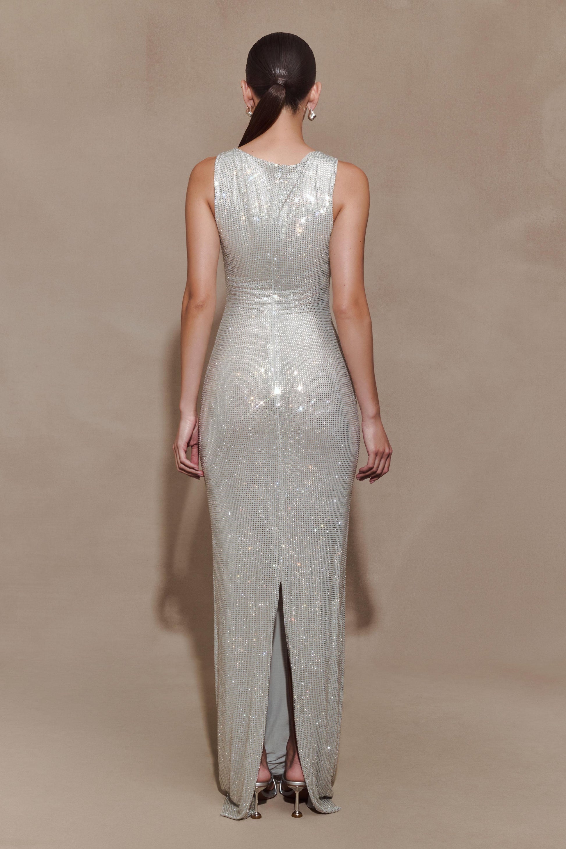 Magnolia Sleeveless Diamante Maxi Dress / Silver | MESHKI | XL Magnolia Sleeveless Diamante Maxi Dress / Silver | MESHKI | XL