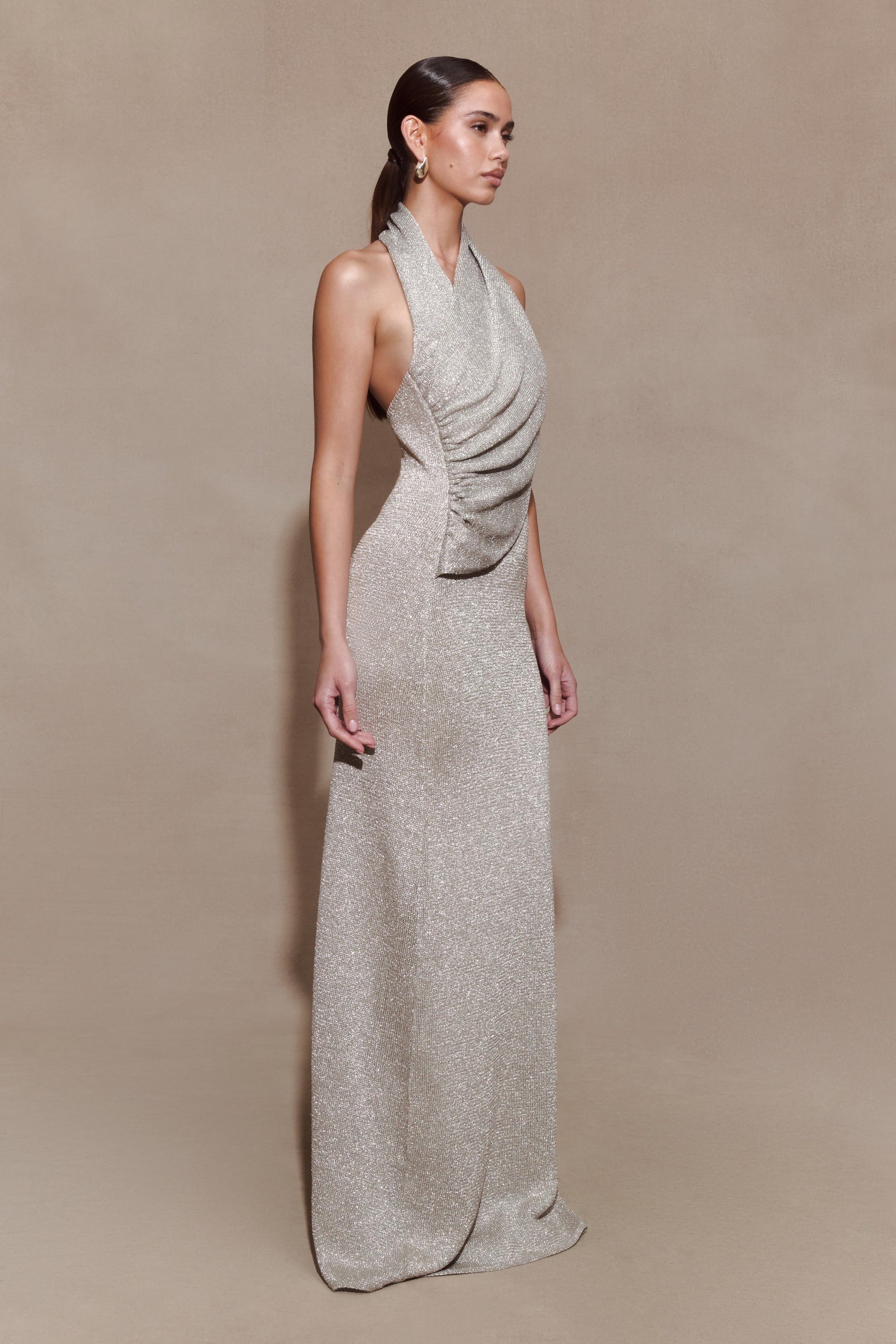 Elma Lurex Knit Halter Maxi Dress / Silver | MESHKI | XXS Elma Lurex Knit Halter Maxi Dress / Silver | MESHKI | XXS
