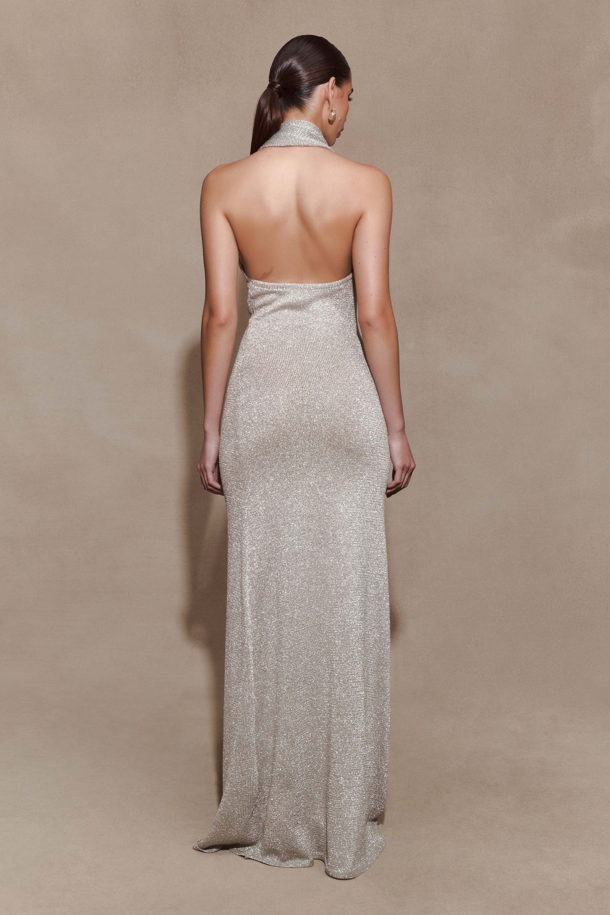 Elma Lurex Knit Halter Maxi Dress / Silver | MESHKI | XXS Elma Lurex Knit Halter Maxi Dress / Silver | MESHKI | XXS