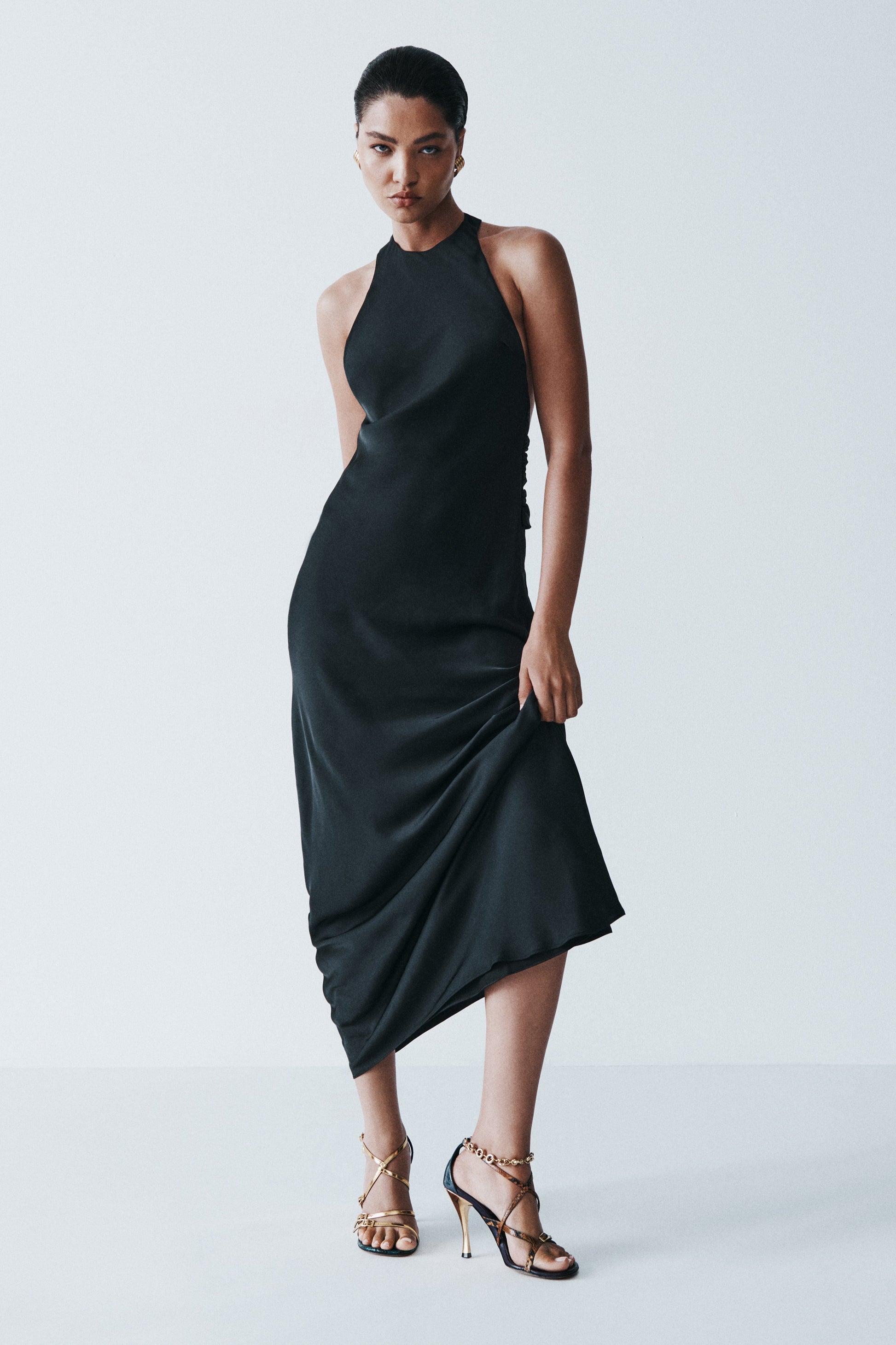 Rinna Satin Halter Maxi Dress - Black | MESHKI US Rinna Satin Halter Maxi Dress - Black | MESHKI US