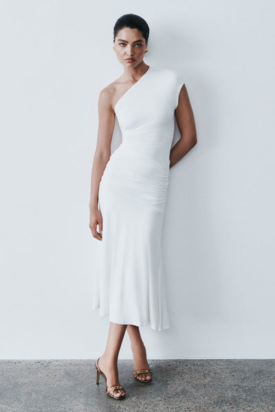 Chloe Peached Jersey One Shoulder Midi Dress - Ivory | MESHKI US