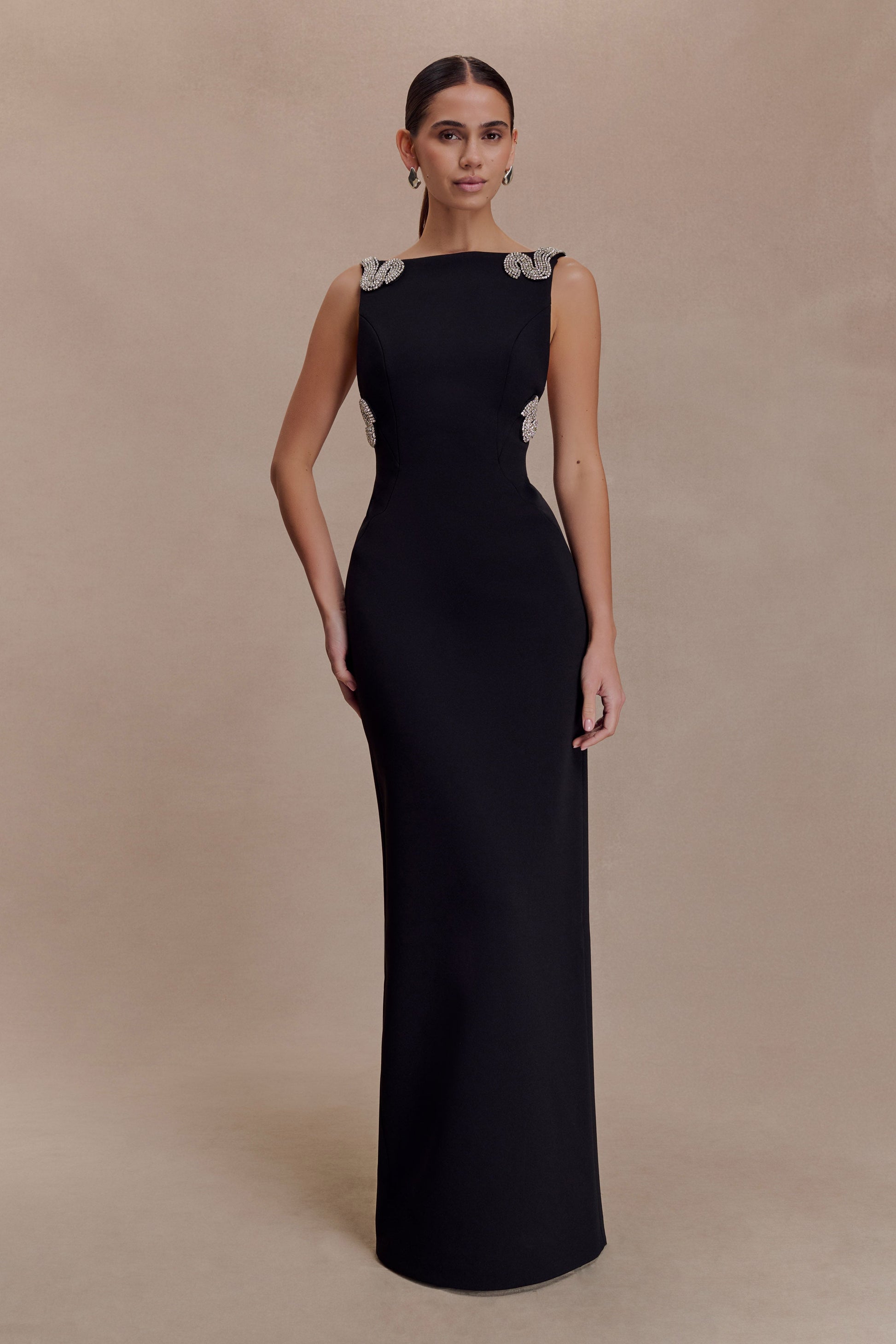 Lorde Embellished Crepe Maxi Dress / Black | MESHKI