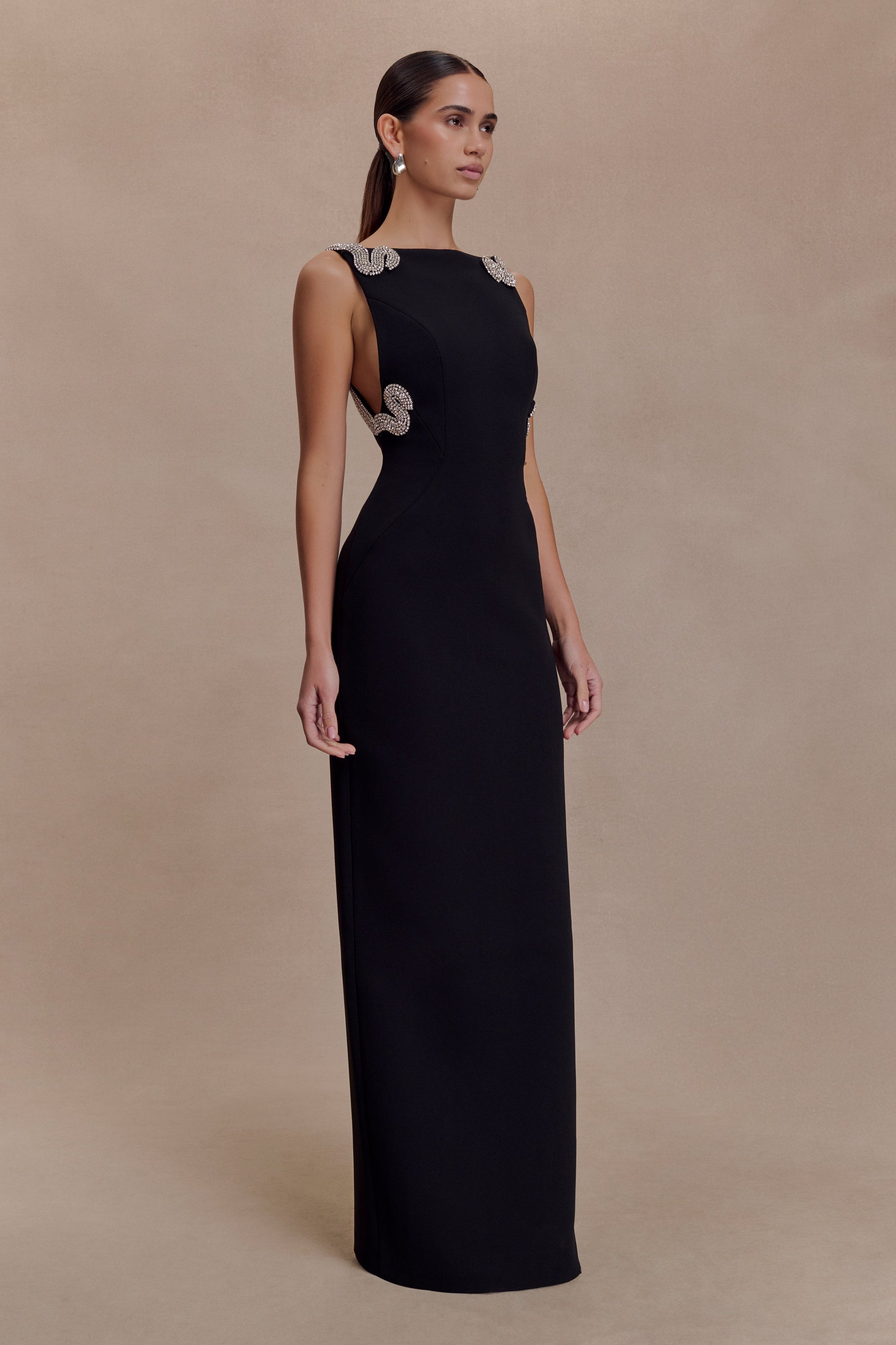 Lorde Embellished Crepe Maxi Dress / Black | MESHKI