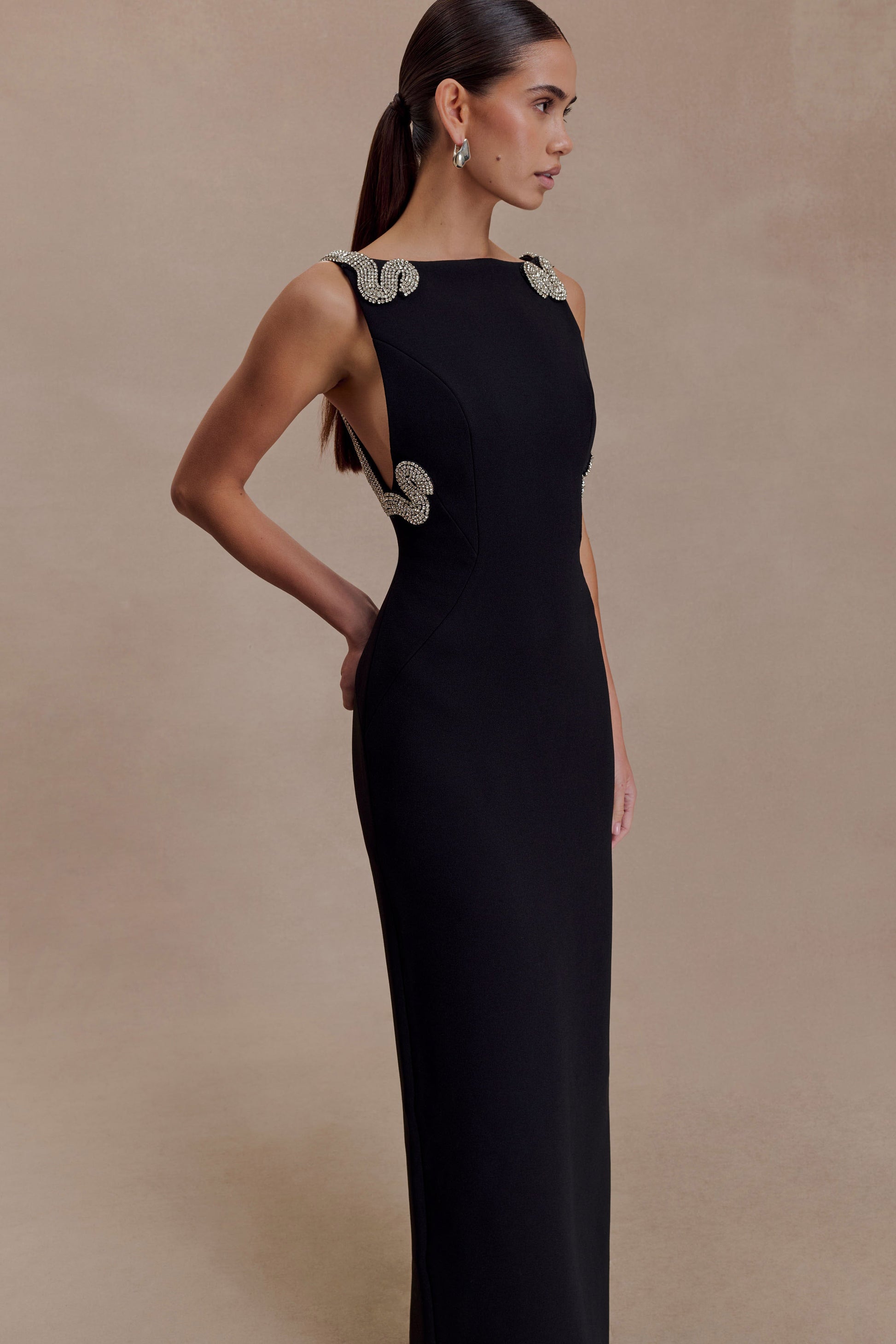 Lorde Embellished Crepe Maxi Dress / Black | MESHKI
