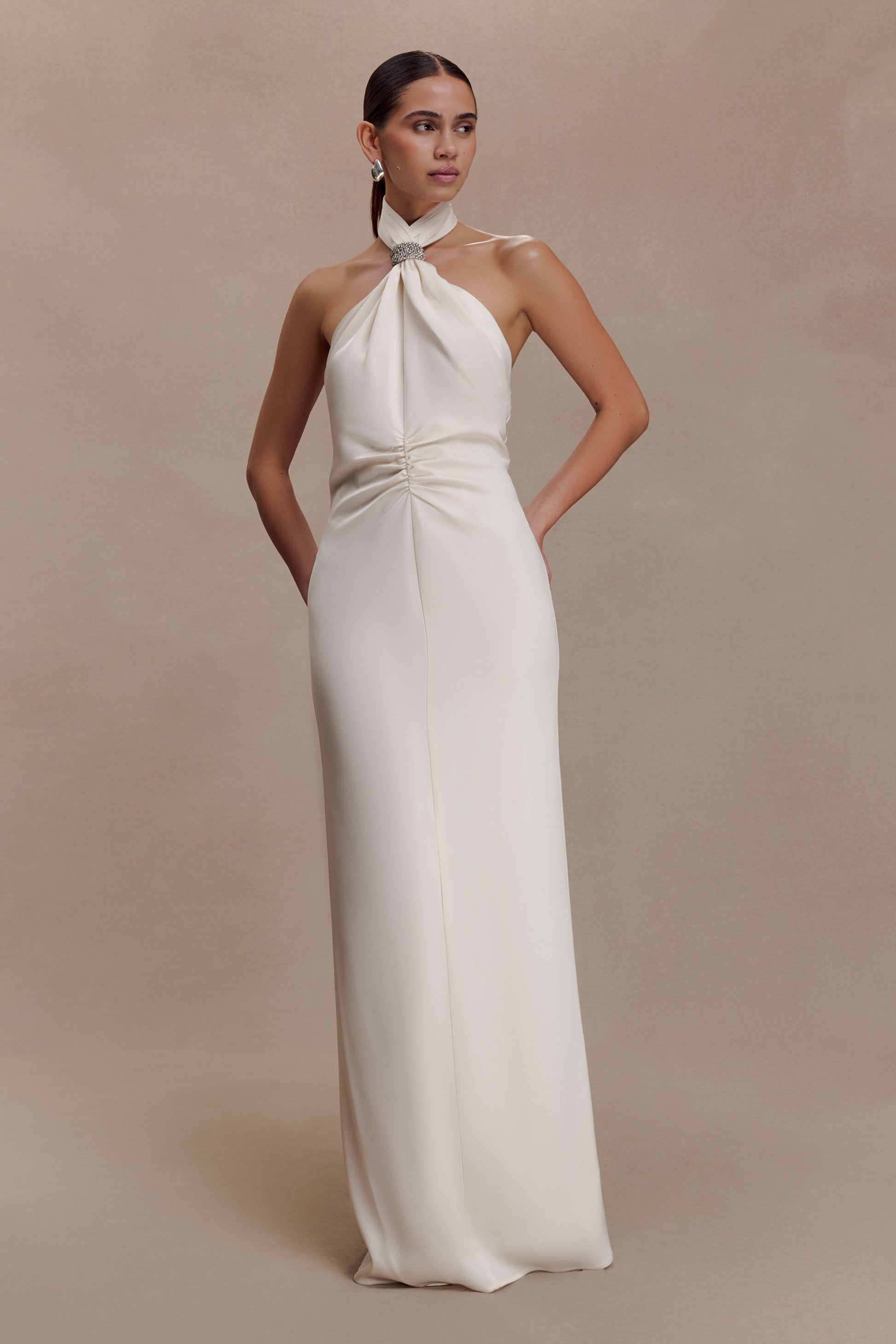 Freja Halter Maxi Dress With Hardware / Blush Ivory | MESHKI | XXS Freja Halter Maxi Dress With Hardware / Blush Ivory | MESHKI | XXS
