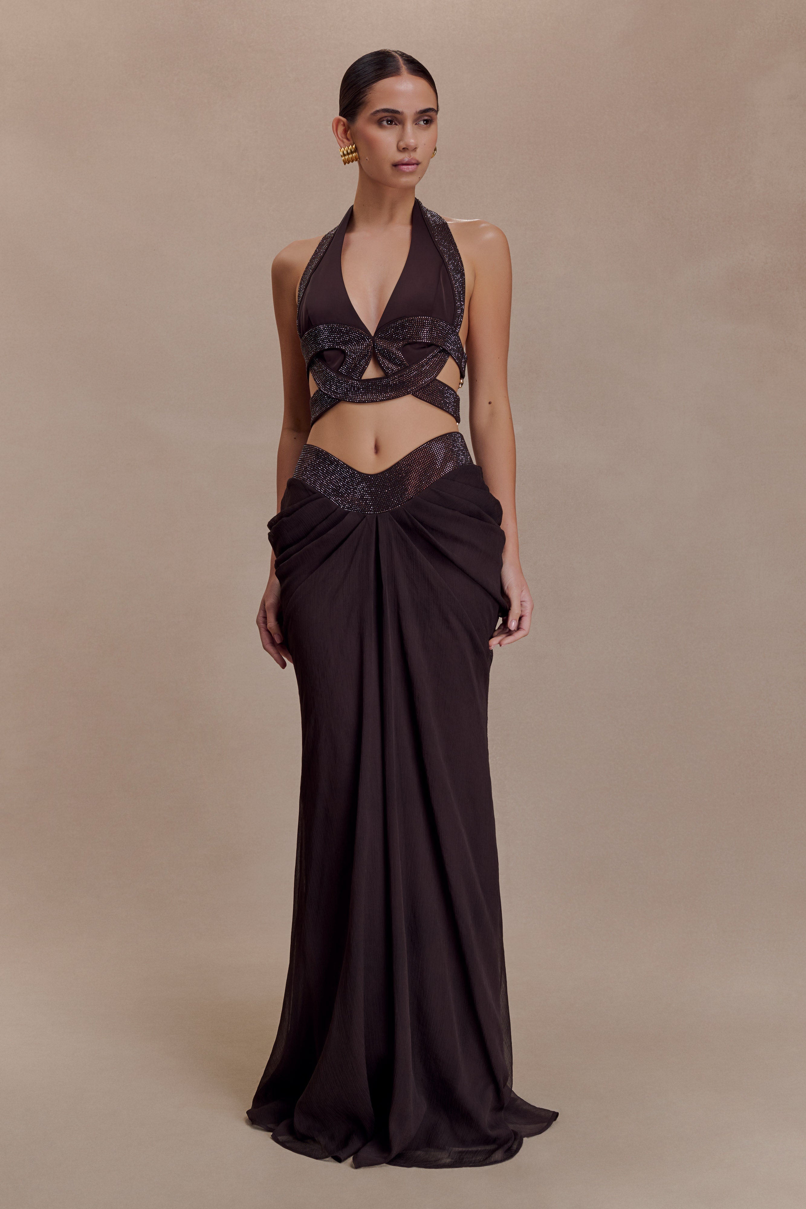 Siren Satin And Diamante Halter Top - Dark Chocolate | MESHKI US
