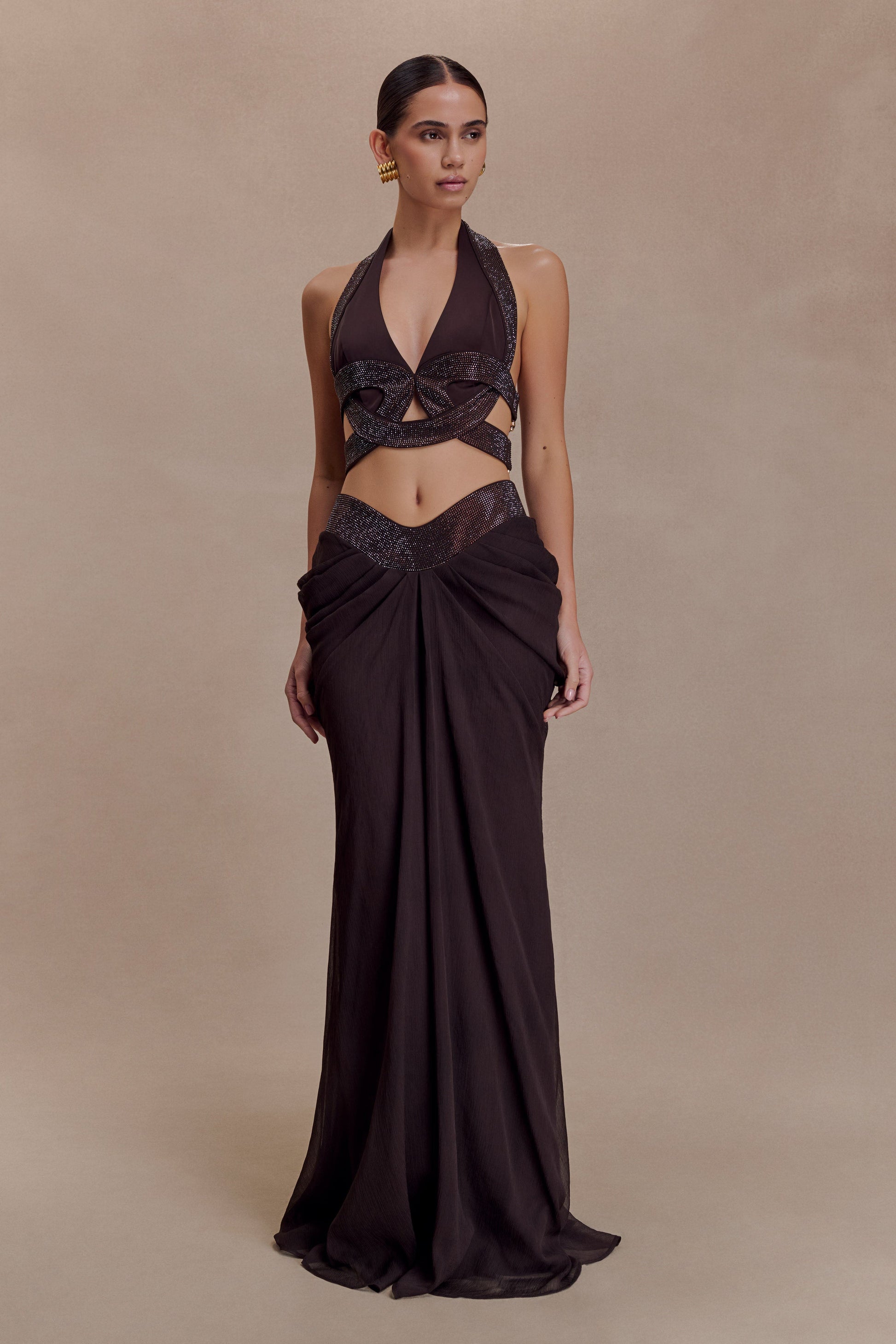 Siren Satin And Diamante Halter Top - Dark Chocolate #6