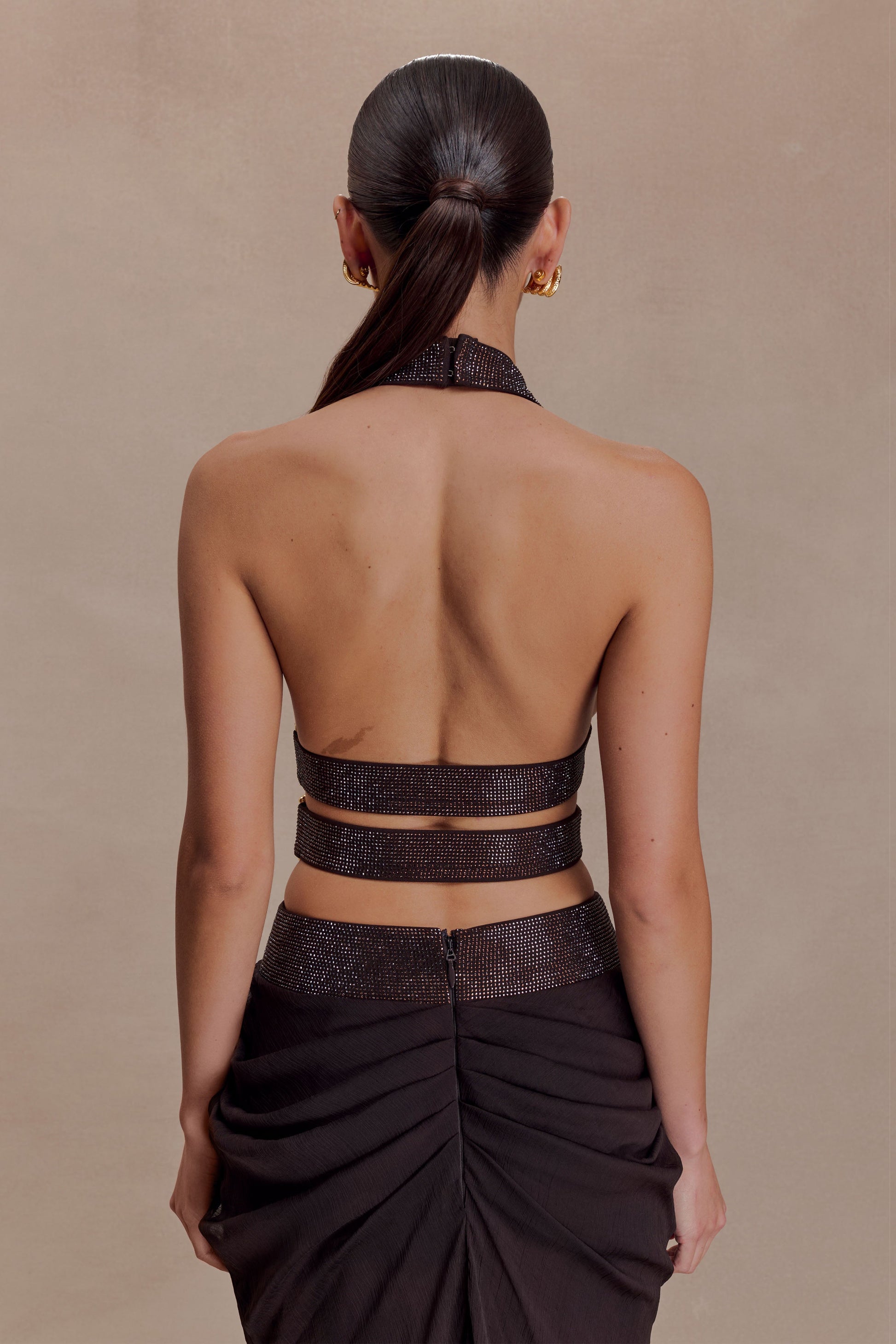 Siren Satin And Diamante Halter Top - Dark Chocolate #4