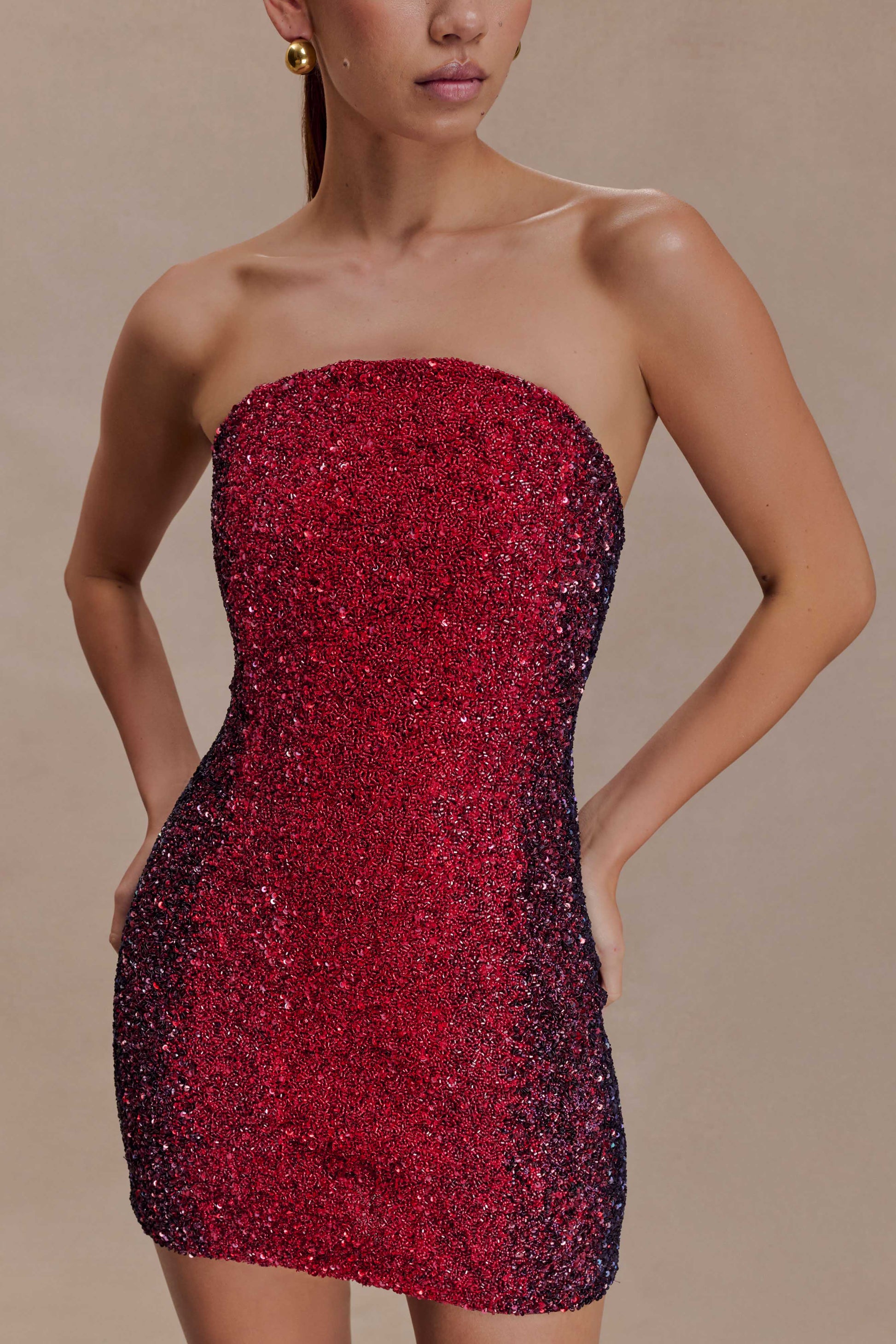 Zander Hand Beaded Strapless Mini Dress - Red Ombre | MESHKI US Zander Hand Beaded Strapless Mini Dress - Red Ombre | MESHKI US