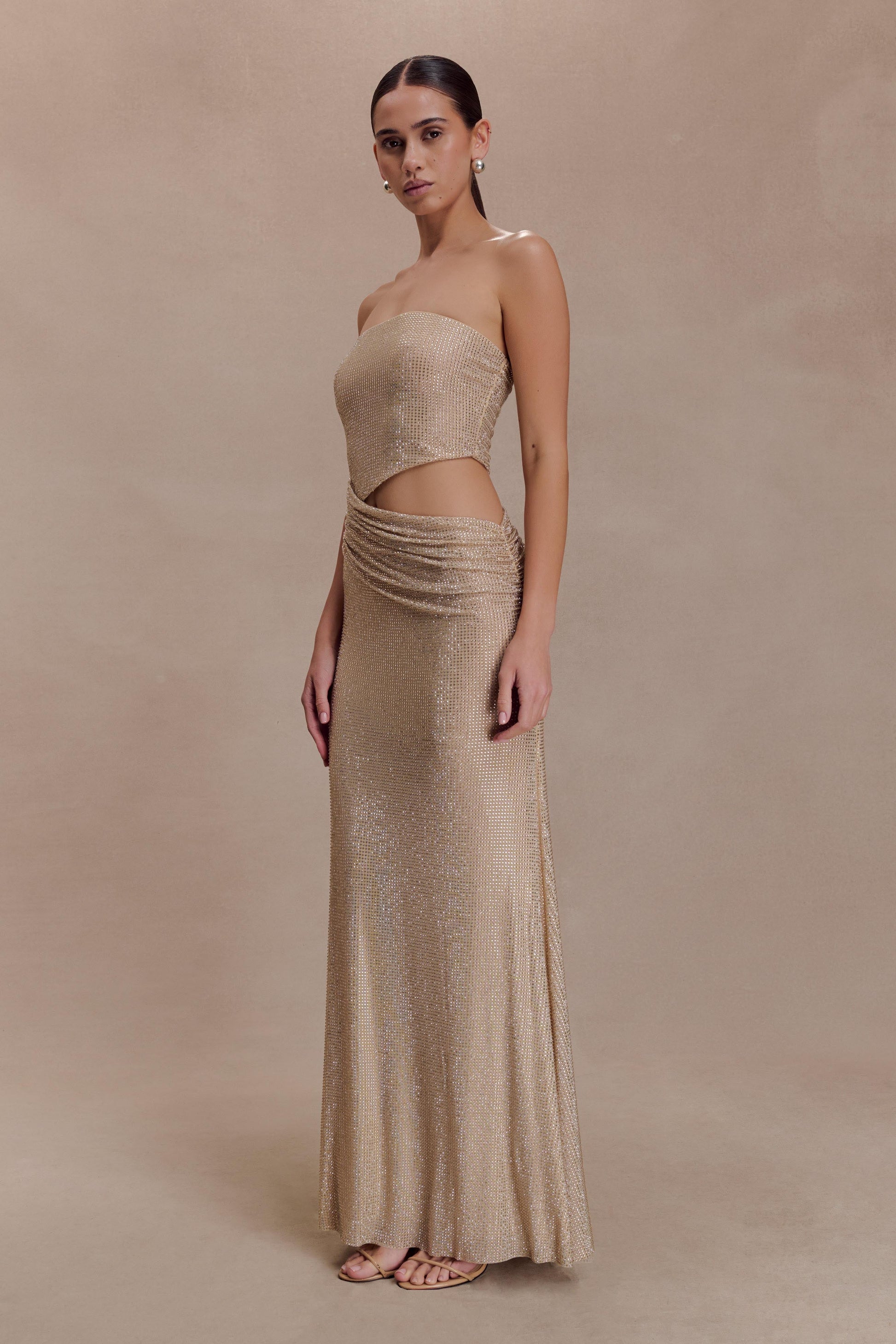 Starla Strapless Diamante Maxi Dress / Gold | MESHKI