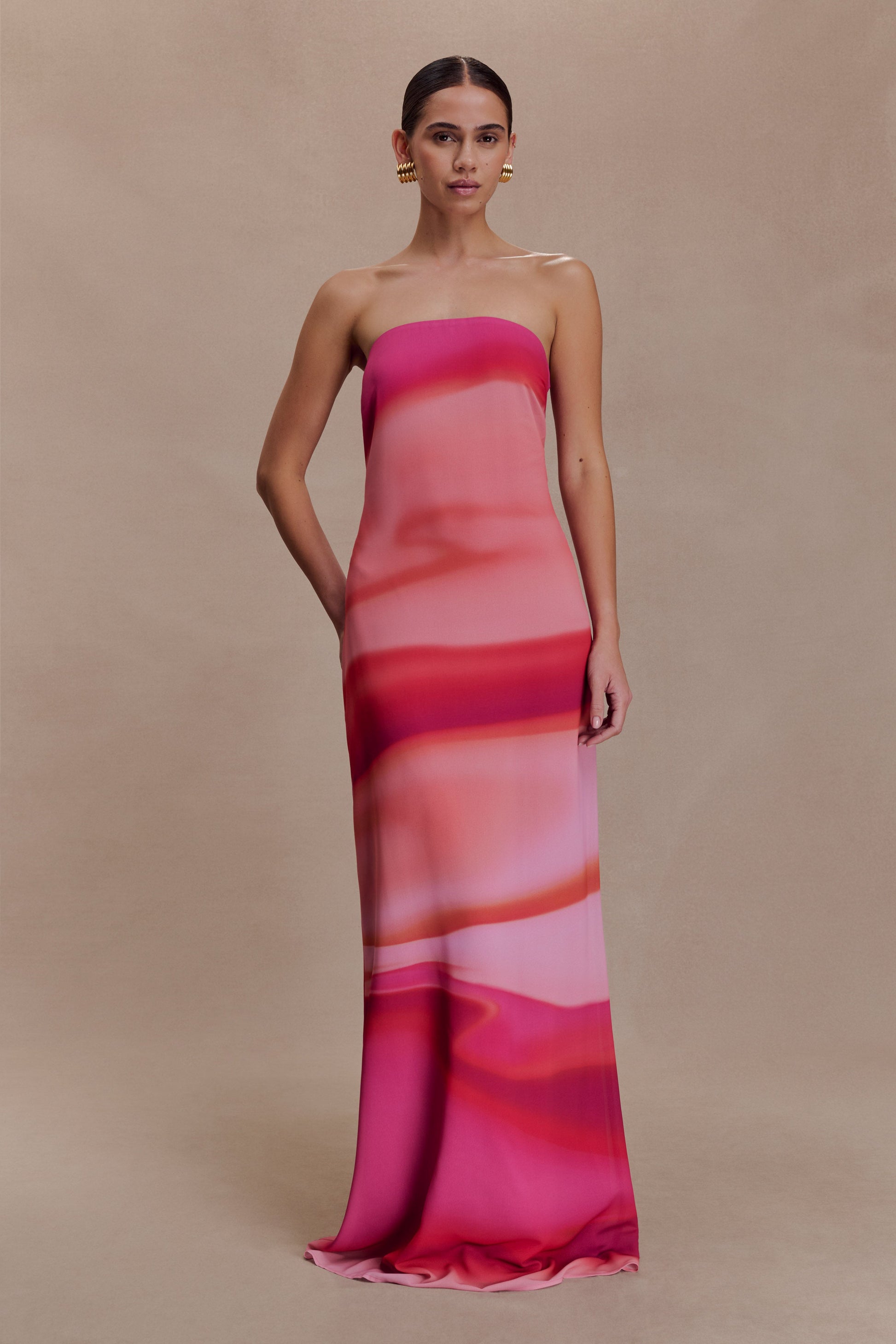 Amaya Strapless Chiffon Maxi Dress / Pink Sunset Print | MESHKI | XS Amaya Strapless Chiffon Maxi Dress / Pink Sunset Print | MESHKI | XS